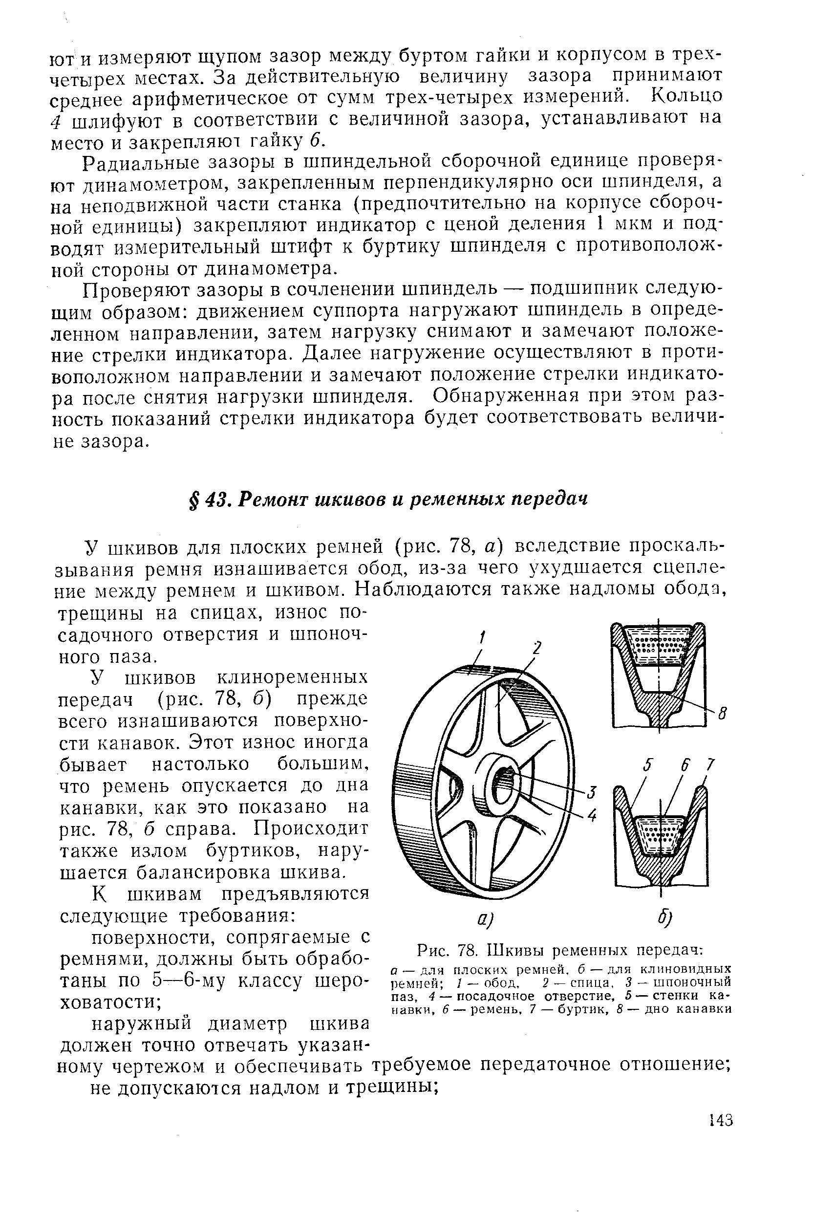 У шкивов для плоских ремней (рис. 78, а) вследствие проскальзывания ремня изнашивается обод, из-за чего ухудшается сцепление между ремнем и шкивом. Наблюдаются также надломы обода, трещины на спицах, износ посадочного отверстия и шпоночного паза.
