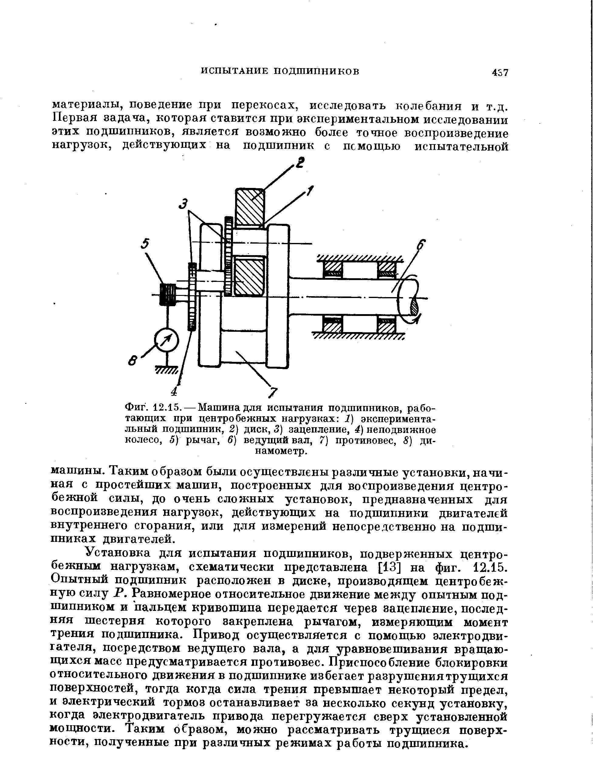 Установка для испытания подшипников, подверженных центробежным нагрузкам, схематически представлена [13] на фиг. 12.15. Опытный подшипник расположен в диске, производящем центробежную силу Р. Равномерное относительное движение между опытным подшипником и пальцем кривошипа передается черев зацепление, последняя шестерня которого закреплена рычагом, измеряющим момент трения подшипника. Привод осуществляется с помощью электродвигателя, посредством ведущего вала, а для уравновешивания вращающихся масс предусматривается противовес. Приспособление блокировки относительного движения в подшипнике избегает разрушения трущихся поверхностей, тогда когда сила трения превышает некоторый предел, и электрический тормоз останавливает за несколько секунд установку, когда электродвигатель привода перегружается сверх установленной мощности. Таким образом, можно рассматривать трущиеся поверхности, полученные при различных режимах работы подшипника.
