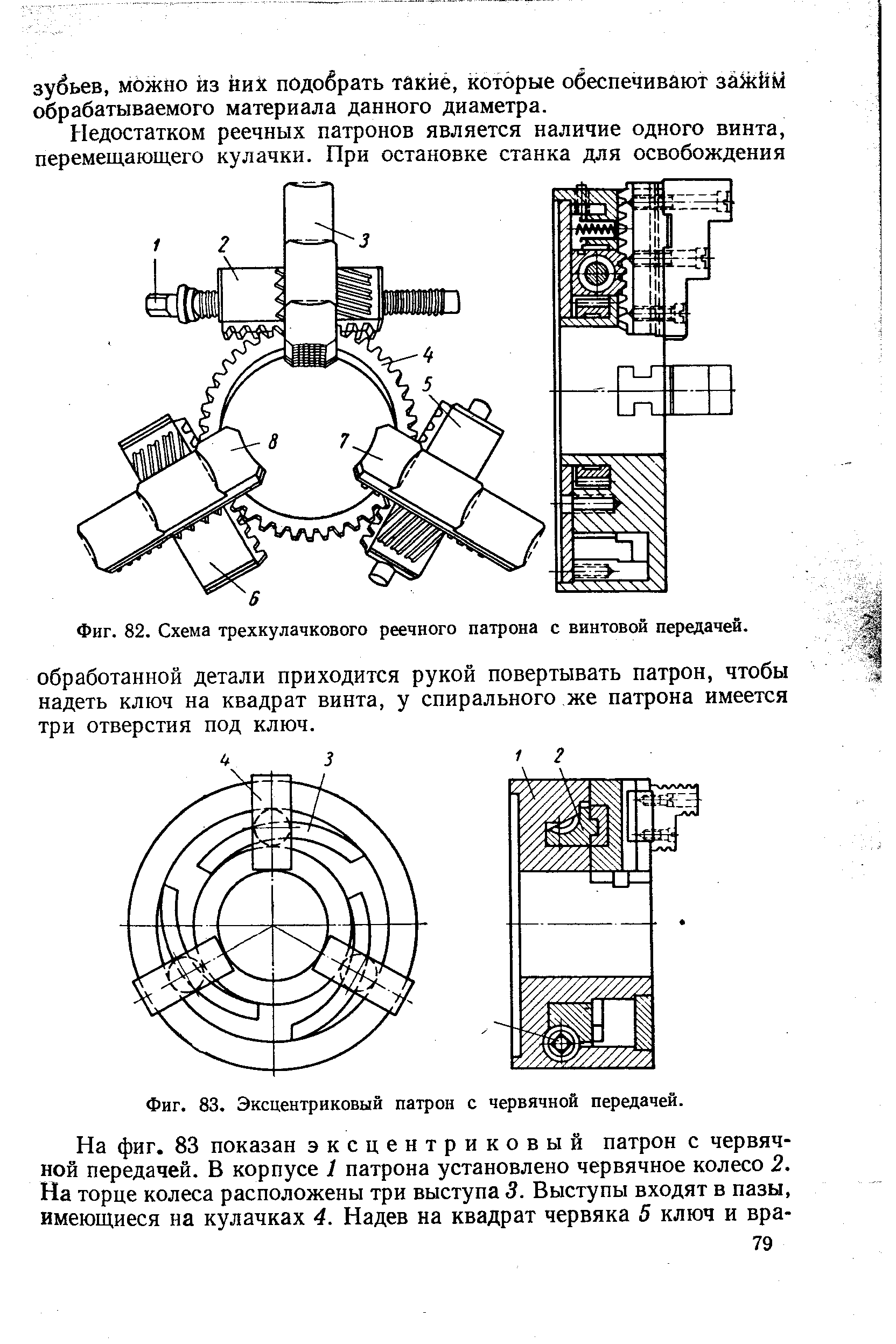Фиг. 82. Схема трехкулачкового реечного патрона с винтовой передачей.
