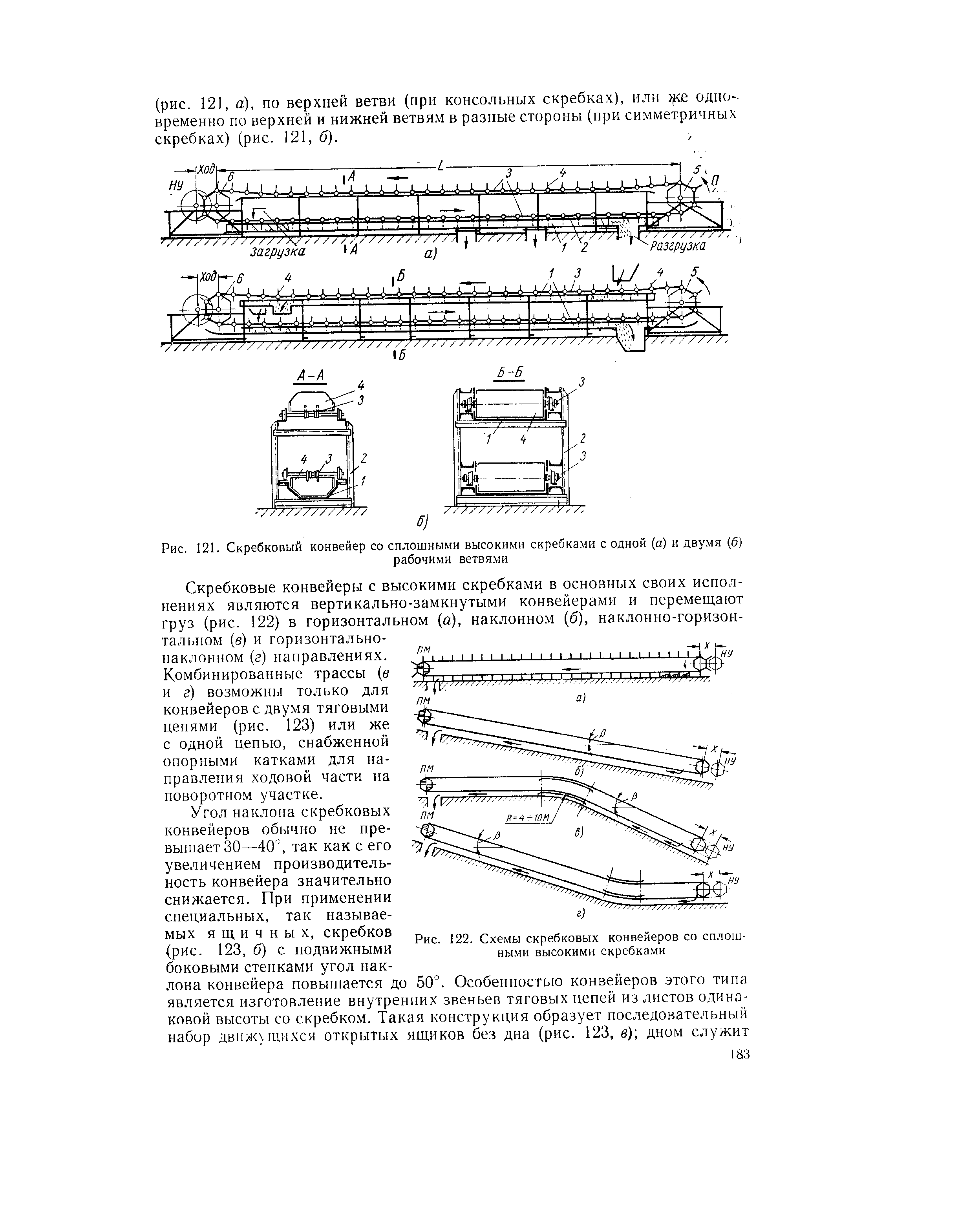 Скребковые конвейеры с высокими скребками в основных своих исполнениях являются вертикально-замкнутыми конвейерами и перемещают груз (рис. 122) в горизонтальном (а), наклонном (б), наклонно-горизонтальном (б) и горизонтально-наклонном [г] направлениях.
