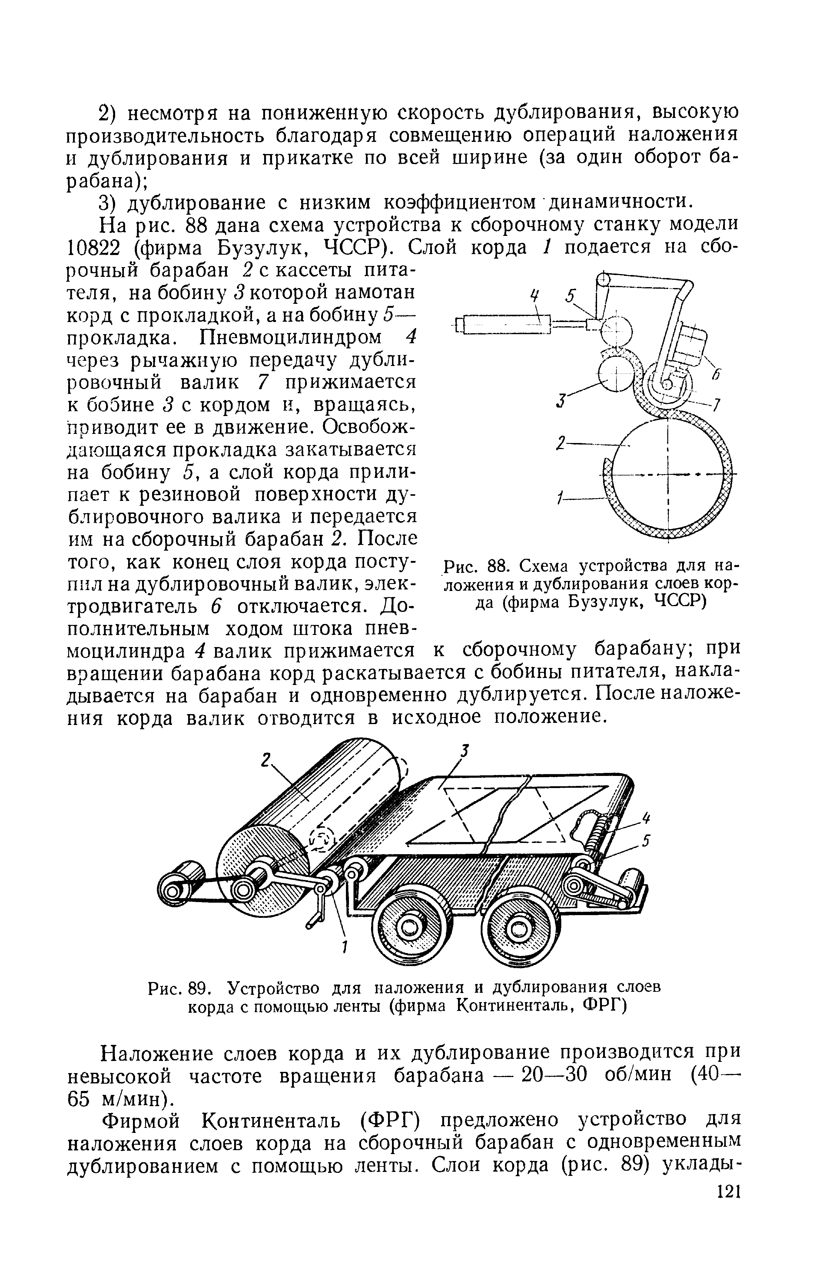 Рис. 88. Схема устройства для наложения и дублирования слоев корда (фирма Бузулук, ЧССР)
