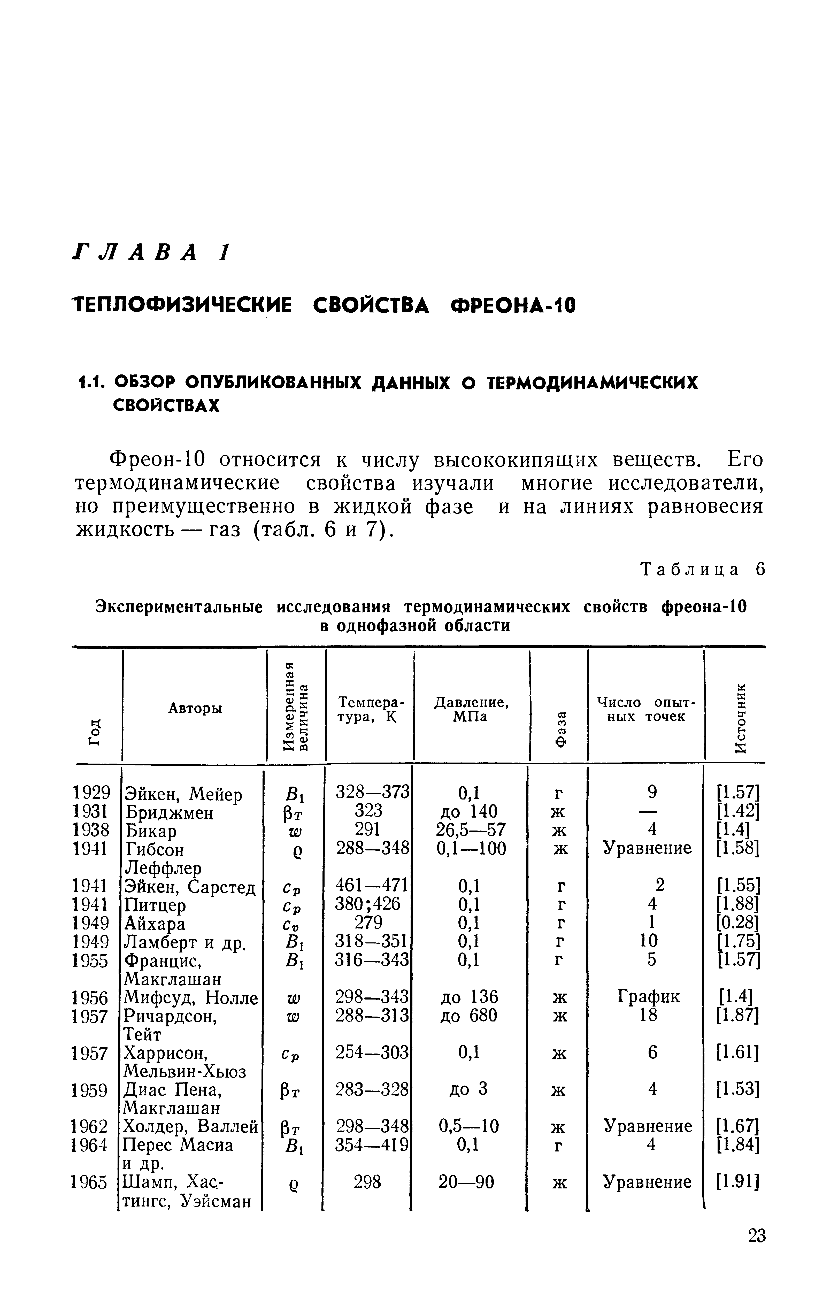 Фреон-10 относится к числу высококипящих веществ. Его термодинамические свойства изучали многие исследователи, но преимущественно в жидкой фазе и на линиях равновесия жидкость — газ (табл. 6 и 7).
