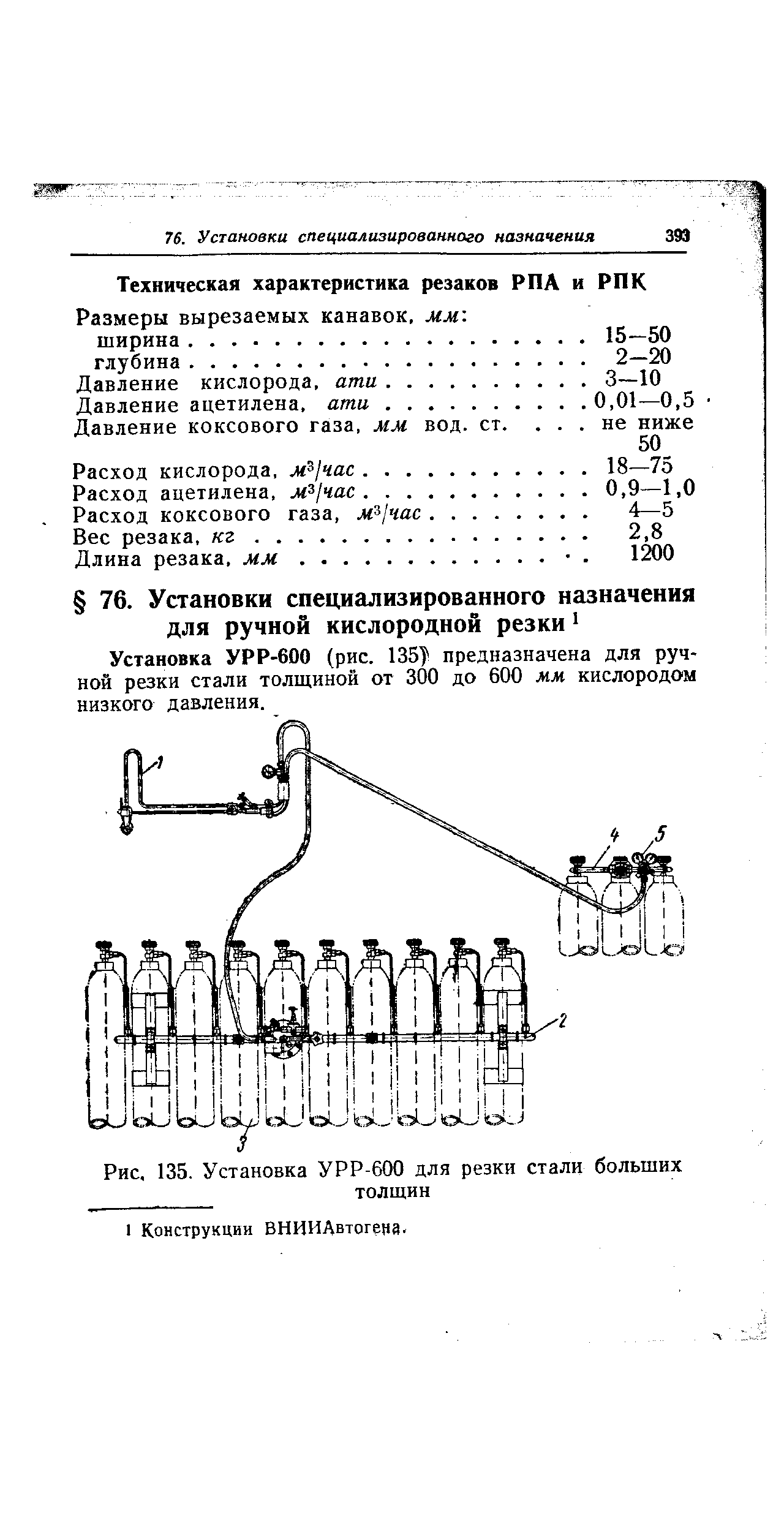 Установка УРР-600 (рис. 135 предназначена для ручной резки стали толщиной от 300 до 600 мм кислородом низкого давления.
