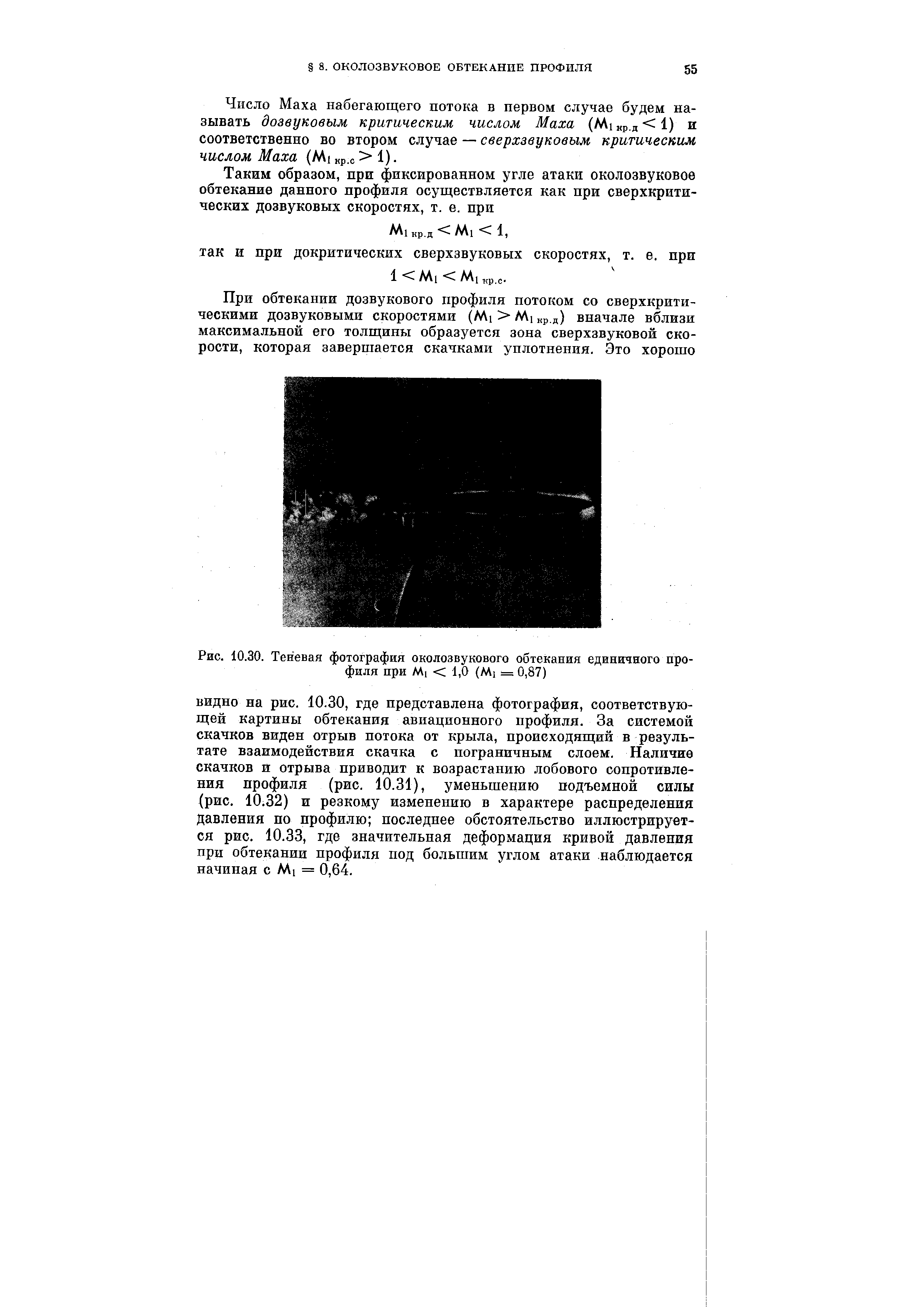 Рис. 10.30. Теневая фотография околозвукового обтекания единичного профиля при М1 < 1,0 (М] = 0,87)
