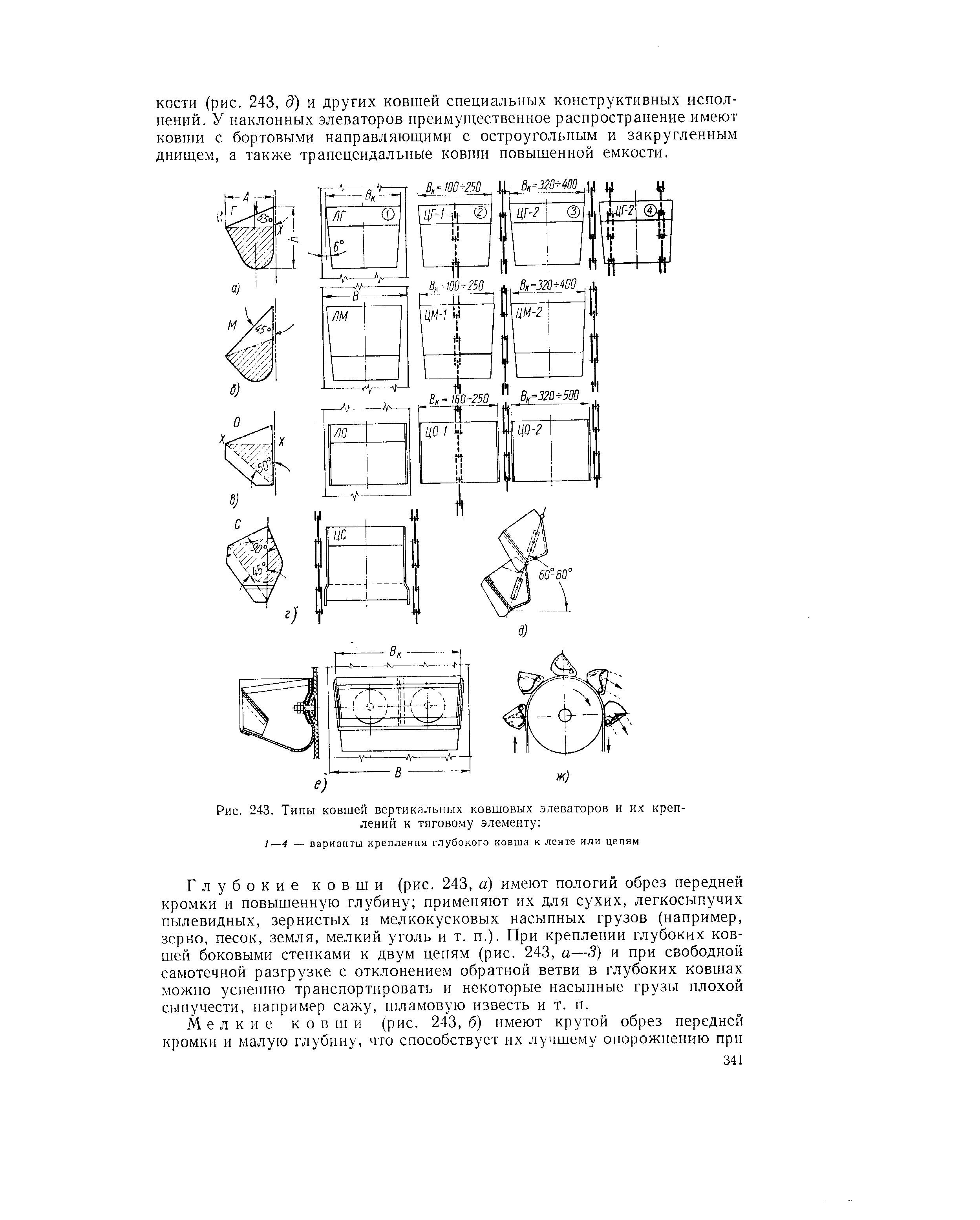 Рис. 243. Типы ковшей вертикальных <a href="/info/120098">ковшовых элеваторов</a> и их креплений к тяговому элементу 
