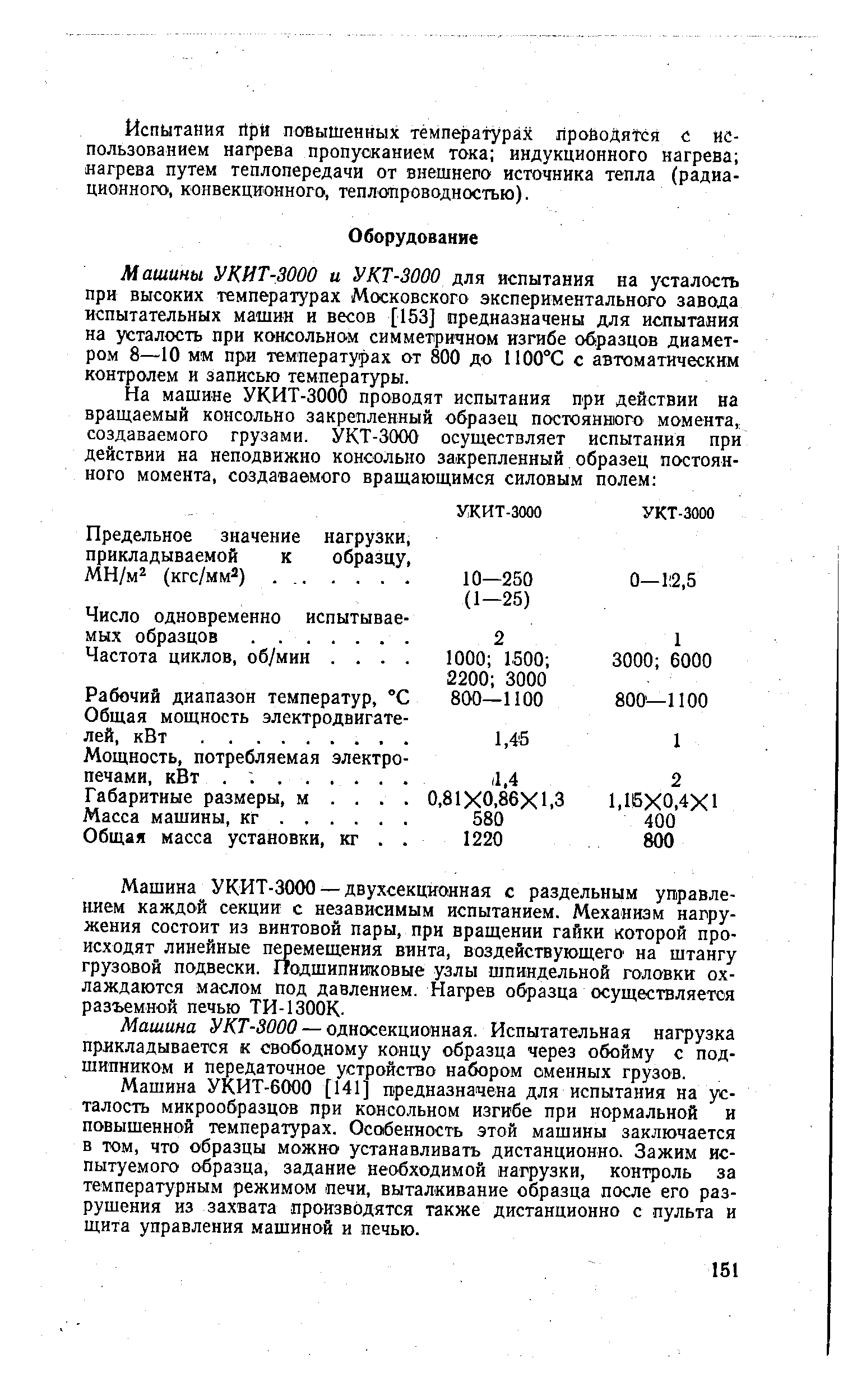 Машины У КИТ-3000 и У КТ-3000 для испытания на усталость при высоких температурах Московского экспериментального завода испытательных машин и весов [153] предназначены для испытания на усталость при консольном симметричном изгибе образцов диаметром 8—10 мм при температурах от 800 до 1100 С с автоматическим контролем и записью температуры.
