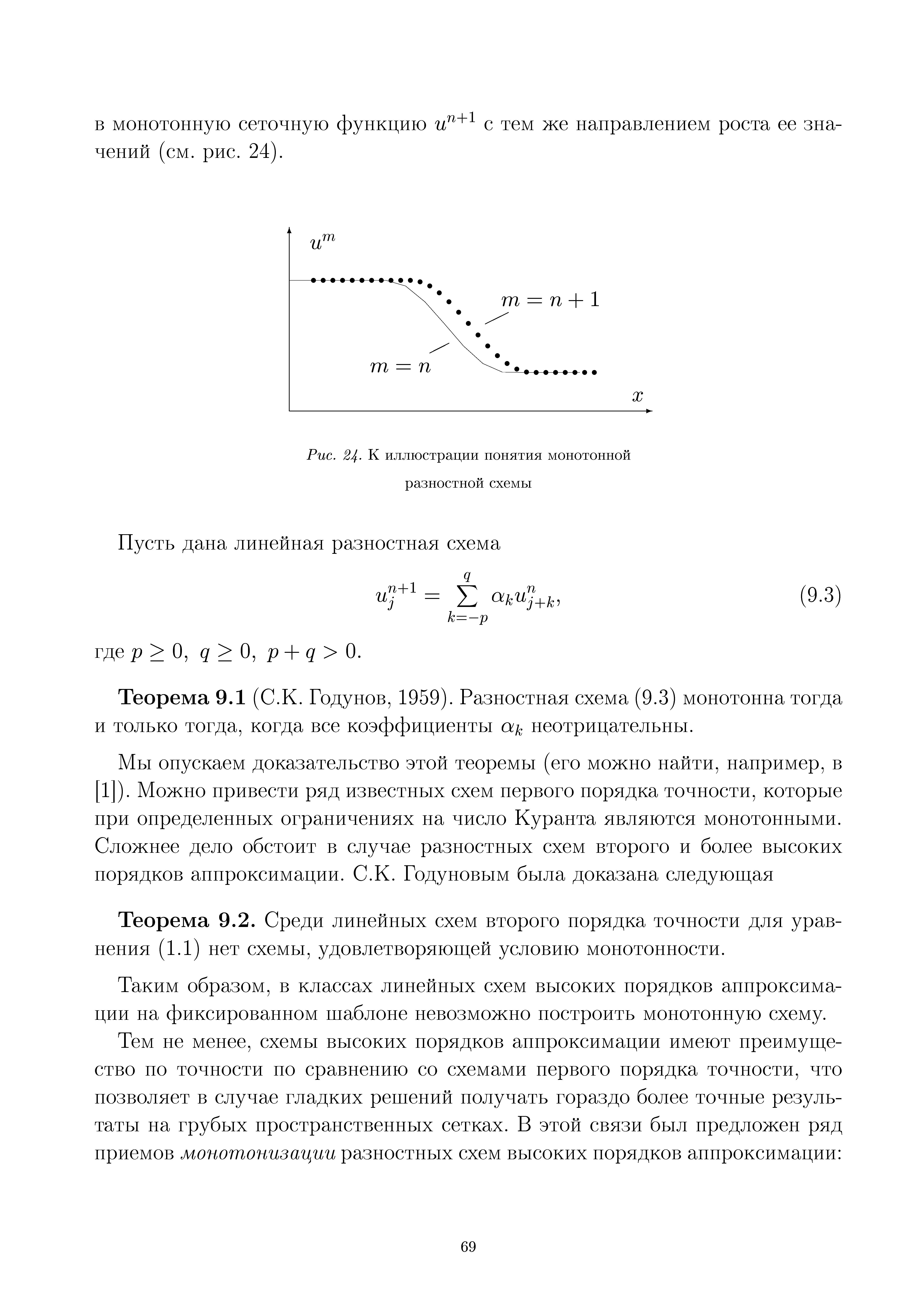 Теорема 9.1 (С.К. Годунов, 1959). Разностная схема (9.3) монотонна тогда и только тогда, когда все коэффициенты а к неотрицательны.
