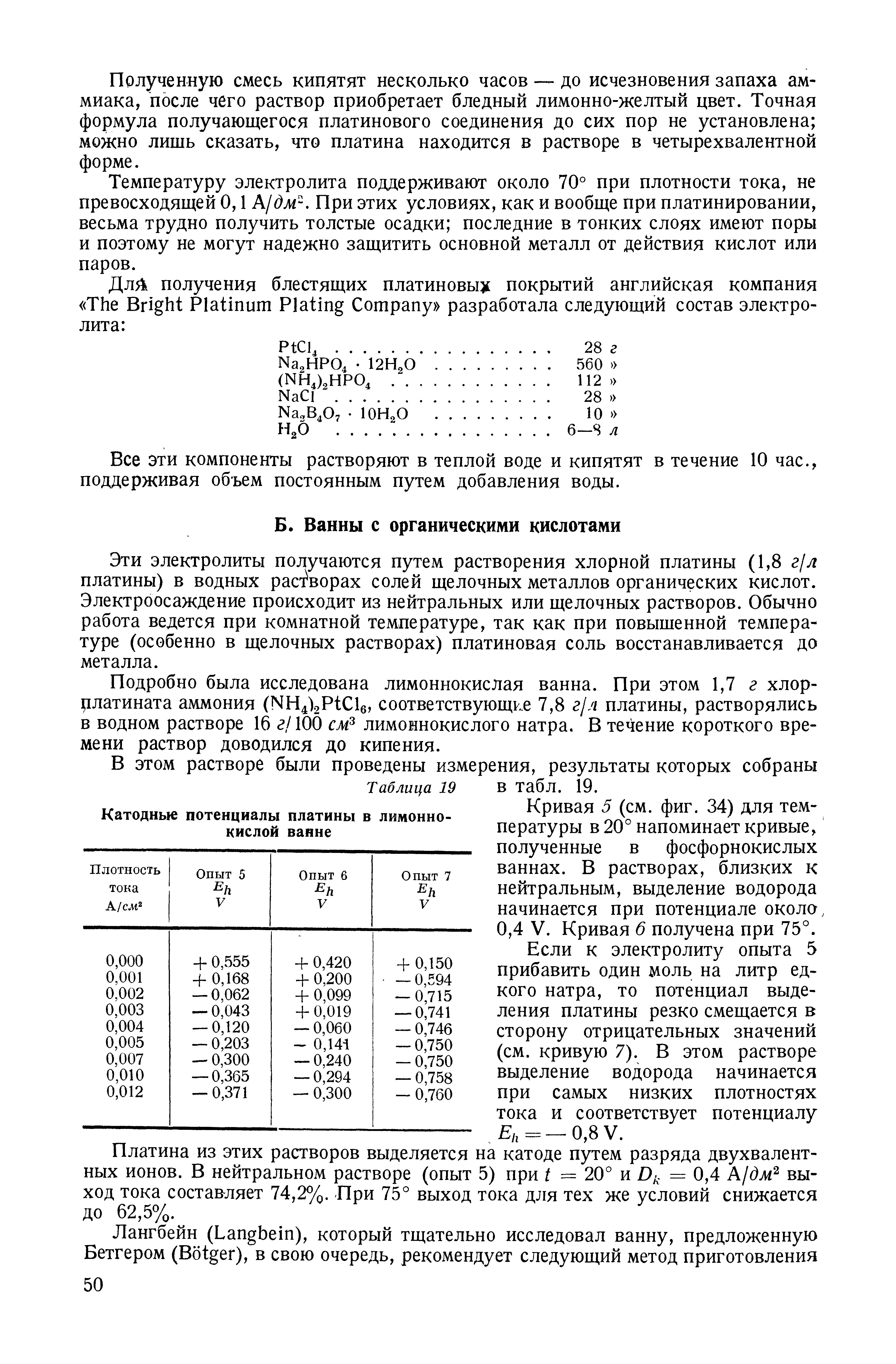 Эти электролиты получаются путем растворения хлорной платины (1,8 г/л платины) в водных рас ворах солей щелочных металлов органических кислот. Электроосаждение происходит из нейтральных или щелочных растворов. Обычно работа ведется при комнатной температуре, так как при повышенной температуре (особенно в щелочных растворах) платиновая соль восстанавливается до металла.
