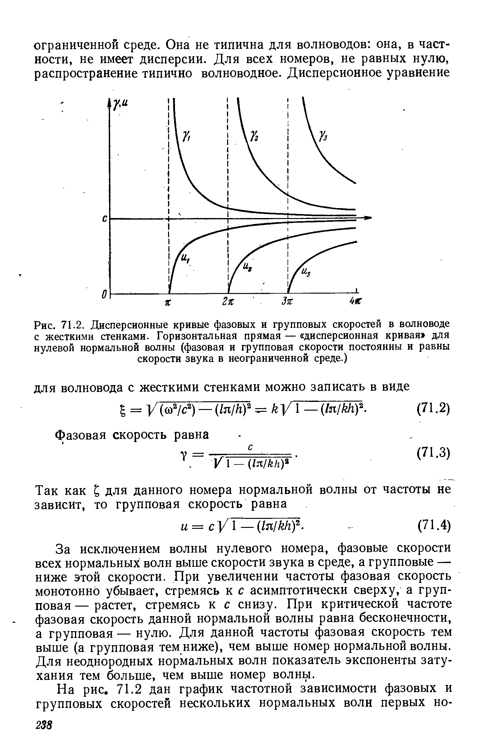 За исключением волны нулевого номера, фазовые скорости всех нормальных волн выше скорости звука в среде, а групповые — ниже этой скорости. При увеличении частоты фазовая скорость монотонно убывает, стремясь к с асимптотически сверху, а групповая — растет, стремясь к с снизу. При критической частоте фазовая скорость данной нормальной волны равна бесконечности, а групповая — нулю. Для данной частоты фазовая скорость тем выше (а групповая тем ниже), чем выше номер нормальной волны. Для неоднородных нормальных волн показатель экспоненты затухания тем больше, чем выше номер волны.

