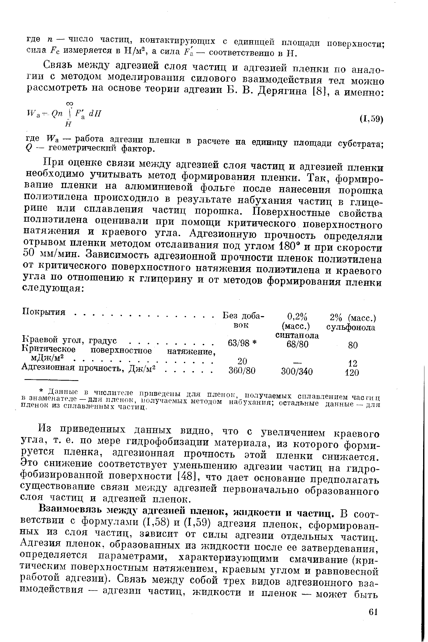 Из приведенных данных видно, что с увеличением краевого угла, т. е. по мере гидрофобизации материала, из которого формируется пленка, адгезионная прочность этой пленки снижается. Это снижение соответствует уменьшению адгезии частиц на гидро-фобизированной поверхности [48], что дает основание предполагать существование связи между адгезией первоначально образованного слоя частиц и адгезией пленок.
