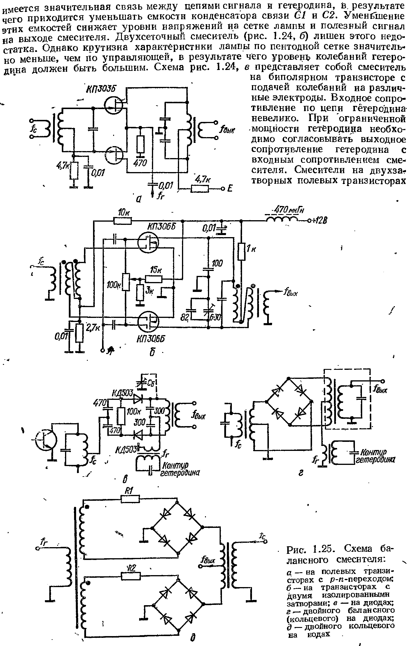 Рис. 1-25. Схема балансного смесителя а — на <a href="/info/22686">полевых транзисторах</a> с р-к-переходом б — на транзисторах с двумя иаолированнымн затворами в — на диодах г<—двойного б1алансного на диодах кольцевого
