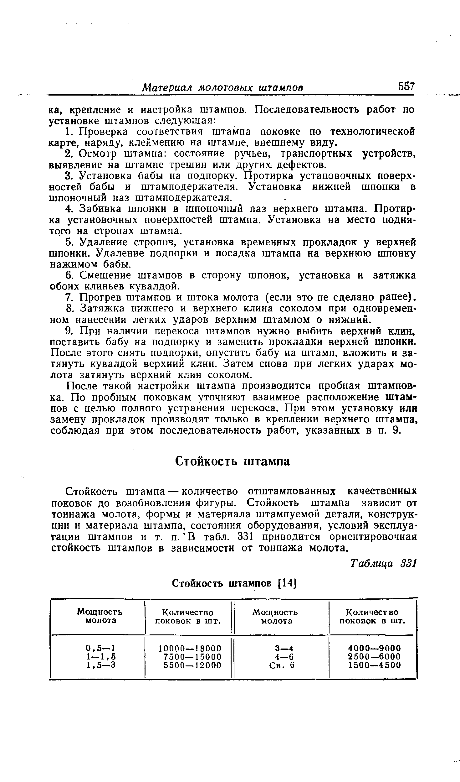 После такой настройки штампа производится пробная штамповка. По пробным поковкам уточняют взаимное расположение штампов с целью полного устранения перекоса. При этом установку или замену прокладок производят только в креплении верхнего штампа, соблюдая при этом последовательность работ, указанных в п. 9.
