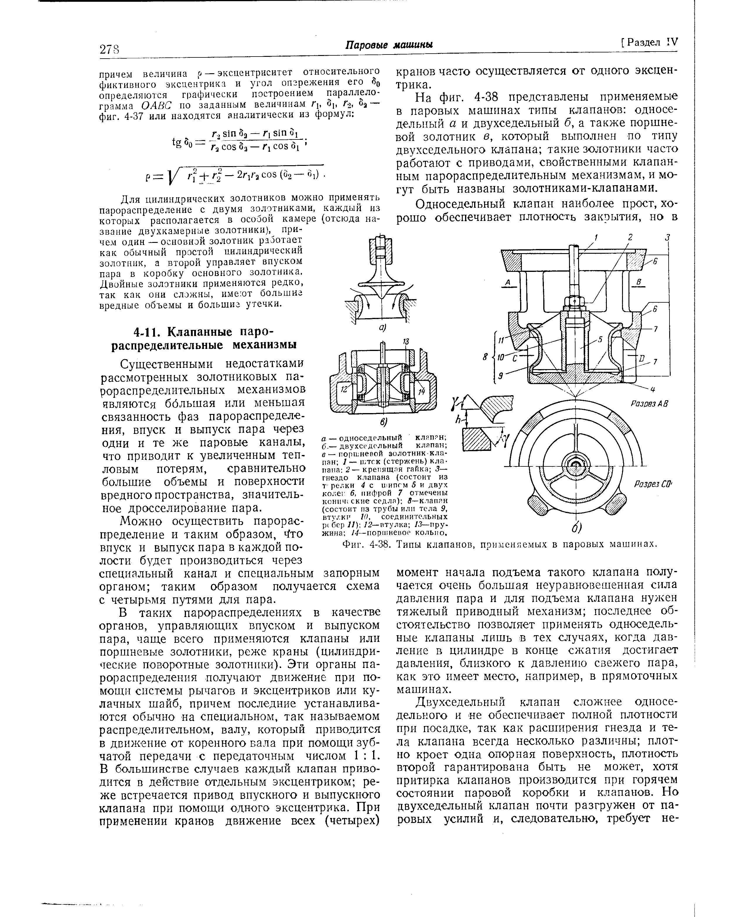 На фиг. 4-38 представлены применяемые в паровых машинах типы клапанов односедельный а и двухседельный б, а также поршневой золотник в, который выполнен по типу двухседельного клапана такие золотники часто работают с приводами, свойственными клапанным парораспределительным механизмам, и могут быть названы золотниками-клапанами.
