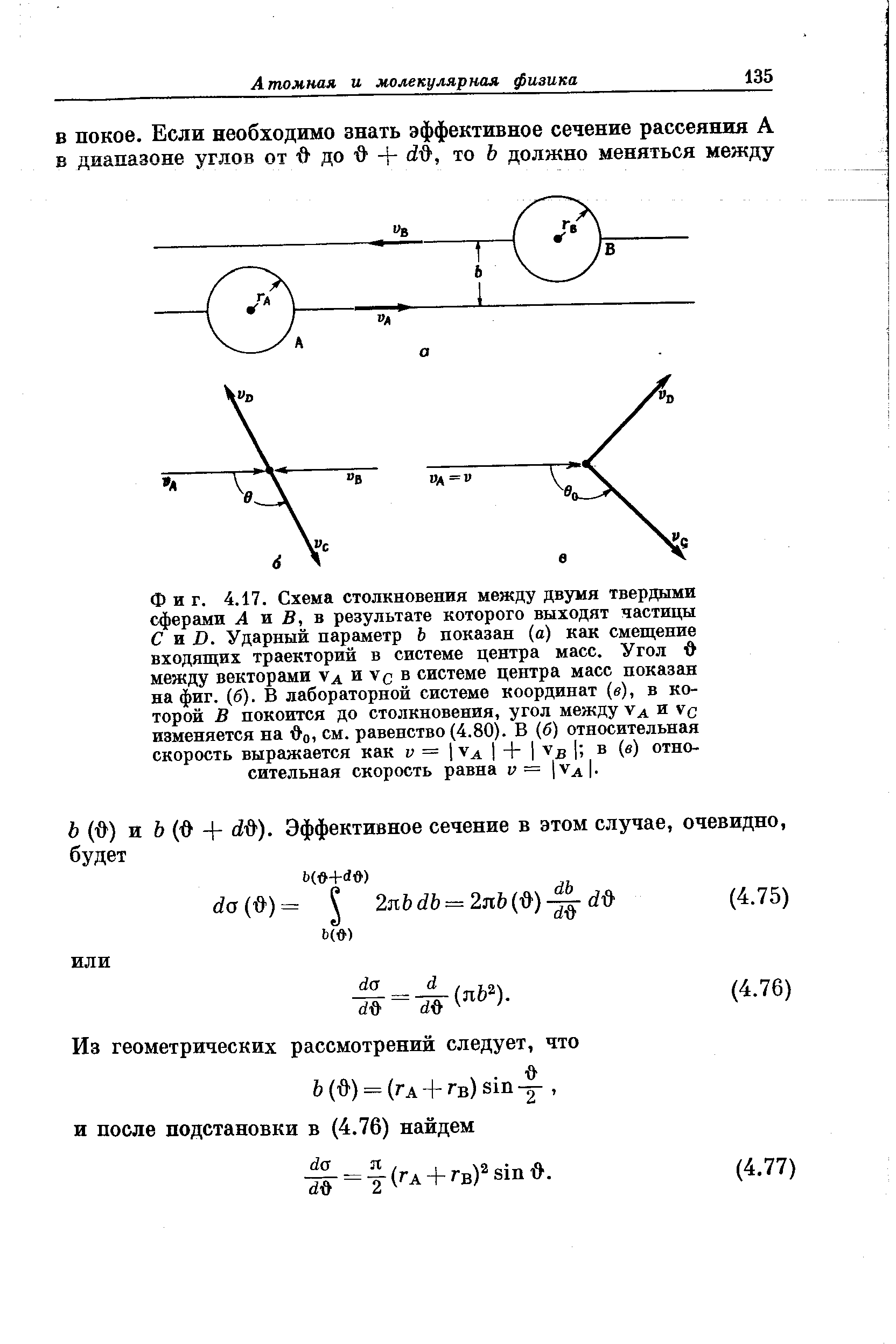 Фиг. 4.17. Схема столкновения между двумя <a href="/info/198305">твердыми сферами</a> А В. В, ъ результате которого выходят частицы С л В. Ударный параметр Ь показан (а) как смещение входящих траекторий в <a href="/info/12385">системе центра масс</a>. Угол д между векторами Уа и Ус в <a href="/info/12385">системе центра масс</a> показан на фиг. (б). В <a href="/info/13625">лабораторной системе координат</a> (в), в которой В покоится до столкновения, угол между Уа и ус изменяется на 1 0, см. равенство (4.80). В (б) <a href="/info/7976">относительная скорость</a> выражается как у = 1уа I + в (в) <a href="/info/7976">относительная скорость</a> равна у = 1 уа I 
