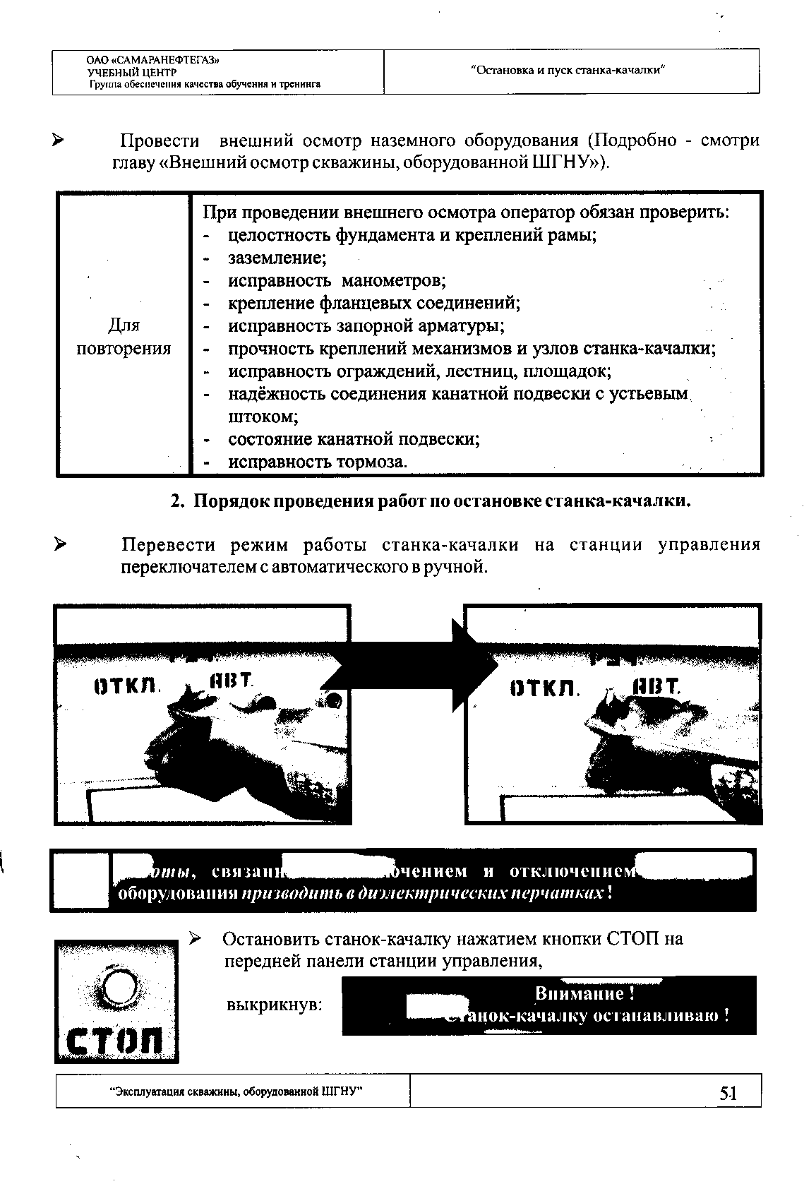 Провести внешний осмотр наземного оборудования (Подробно - смотри главу Внешний осмотр скважины, оборудованной ШГНУ ).
