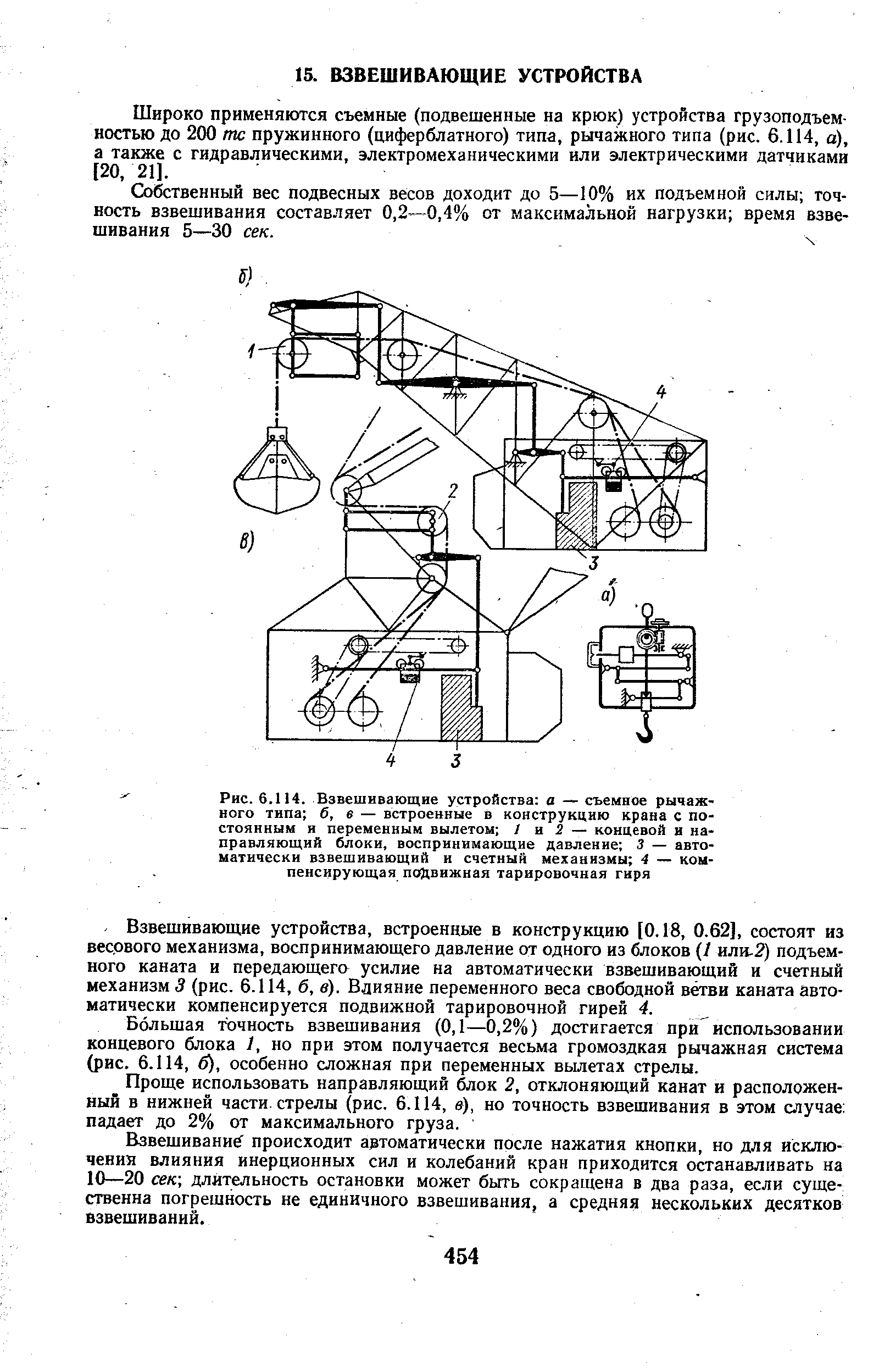 Широко применяются съемные (подвешенные на крюк) устройства грузоподъемностью до 200 тс пружинного (циферблатного) типа, рычажного типа (рис. 6.114, а), а также с гидравлическими, электромеханическими или электрическими датчиками 120,21].
