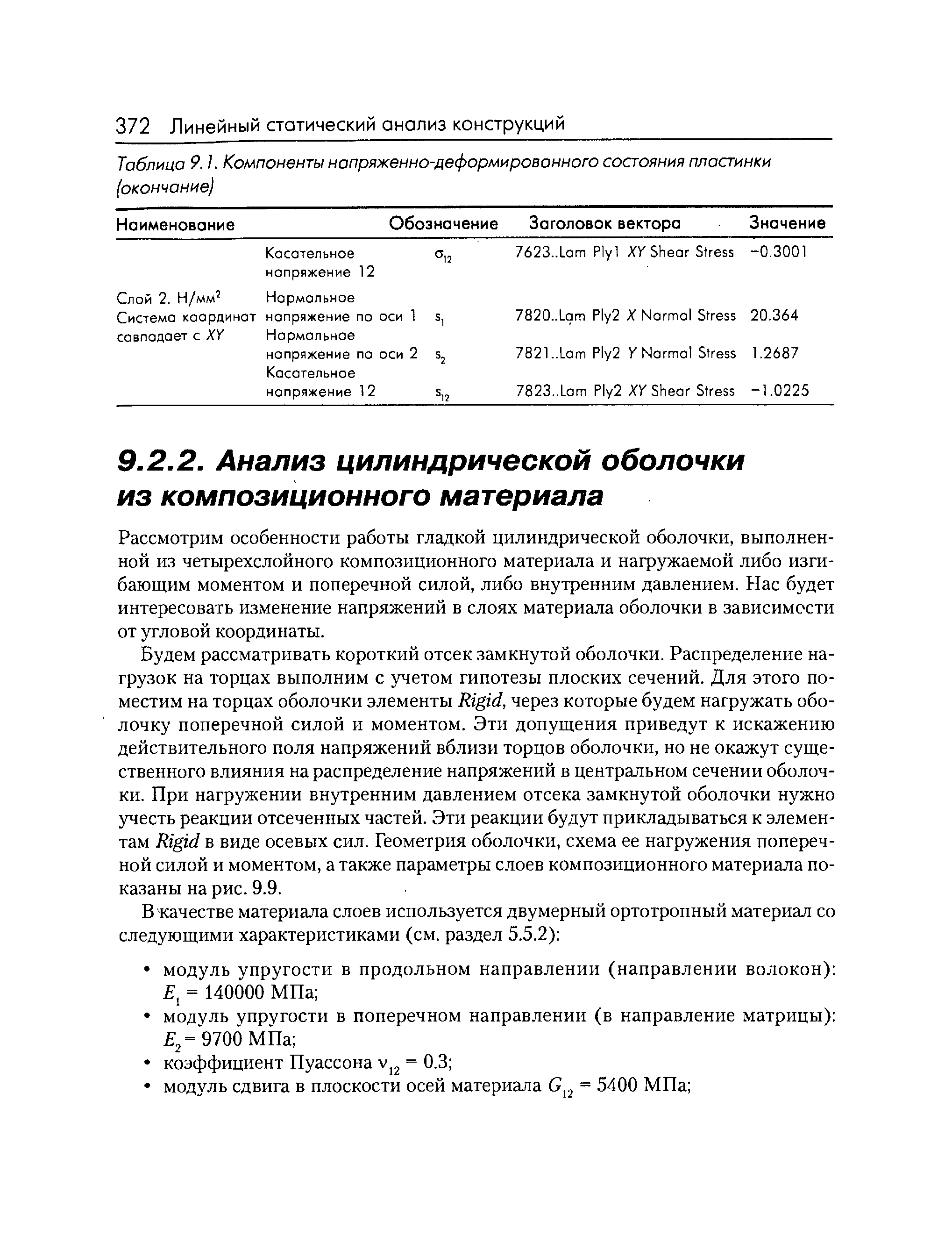 Рассмотрим особенности работы гладкой цилиндрической оболочки, выполненной из четырехслойного композиционного материала и нагружаемой либо изгибающим моментом и поперечной силой, либо внутренним давлением. Нас будет интересовать изменение напряжений в слоях материала оболочки в зависимости от угловой координаты.
