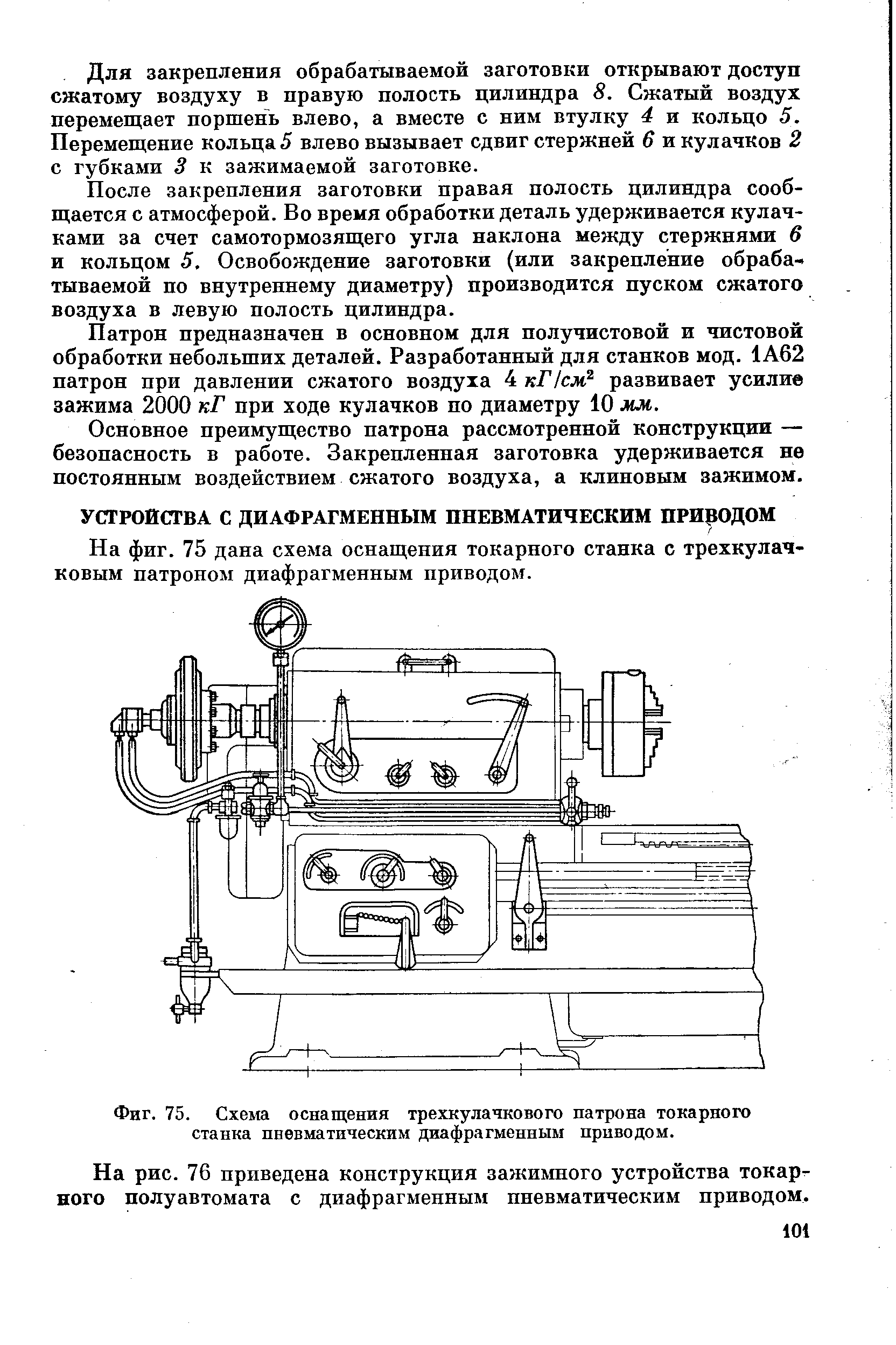 На фиг. 75 дана схема оснащения токарного станка с трехкулачковым патроном диафрагменным приводом.
