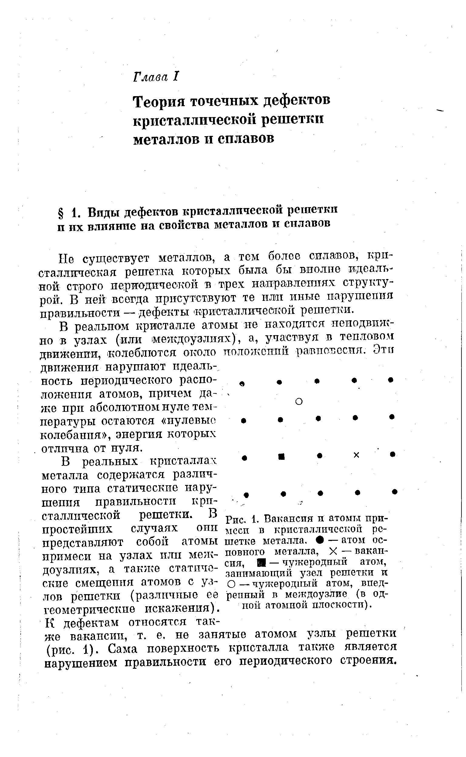 К дефектам относятся также вакансии, т. е. не занятые атомом узлы решетки (рис. 1). Сама поверхность кристалла таклш яв.ляется нарушением правильности его периодического строения.
