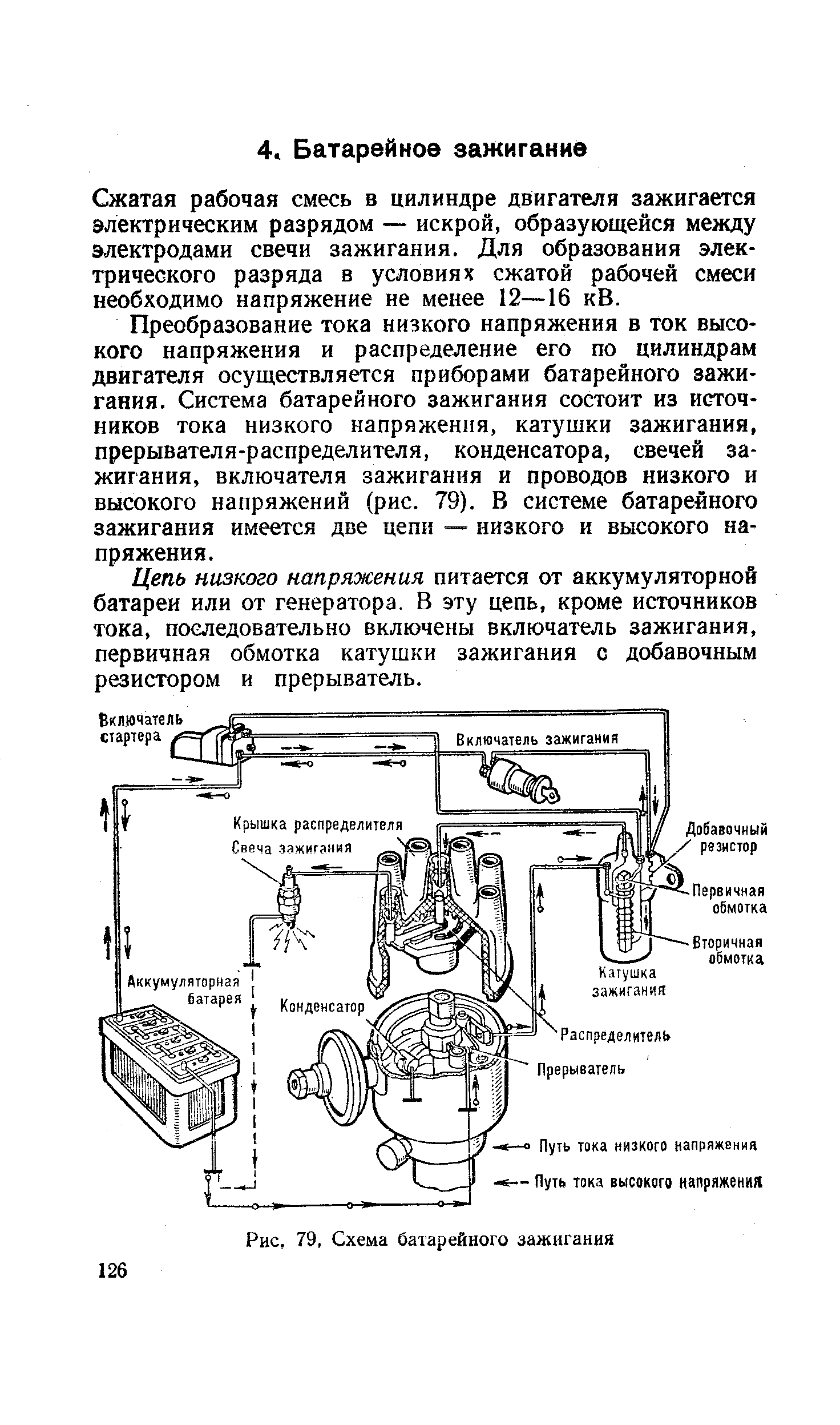 Сжатая рабочая смесь в цилиндре двигателя зажигается электрическим разрядом — искрой, образующейся между электродами свечи зажигания. Для образования электрического разряда в условиях сжатой рабочей смеси необходимо напряжение не менее 12—16 кВ.
