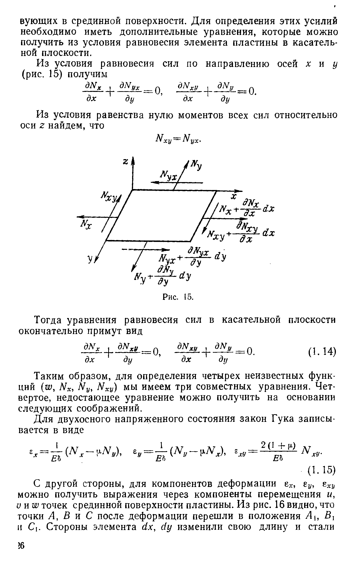 Таким образом, для определения четырех неизвестных функций (ш, Ых, Му, Мху) мы имеем три совместных уравнения. Четвертое, недостающее уравнение можно получить на основании следующих соображений.
