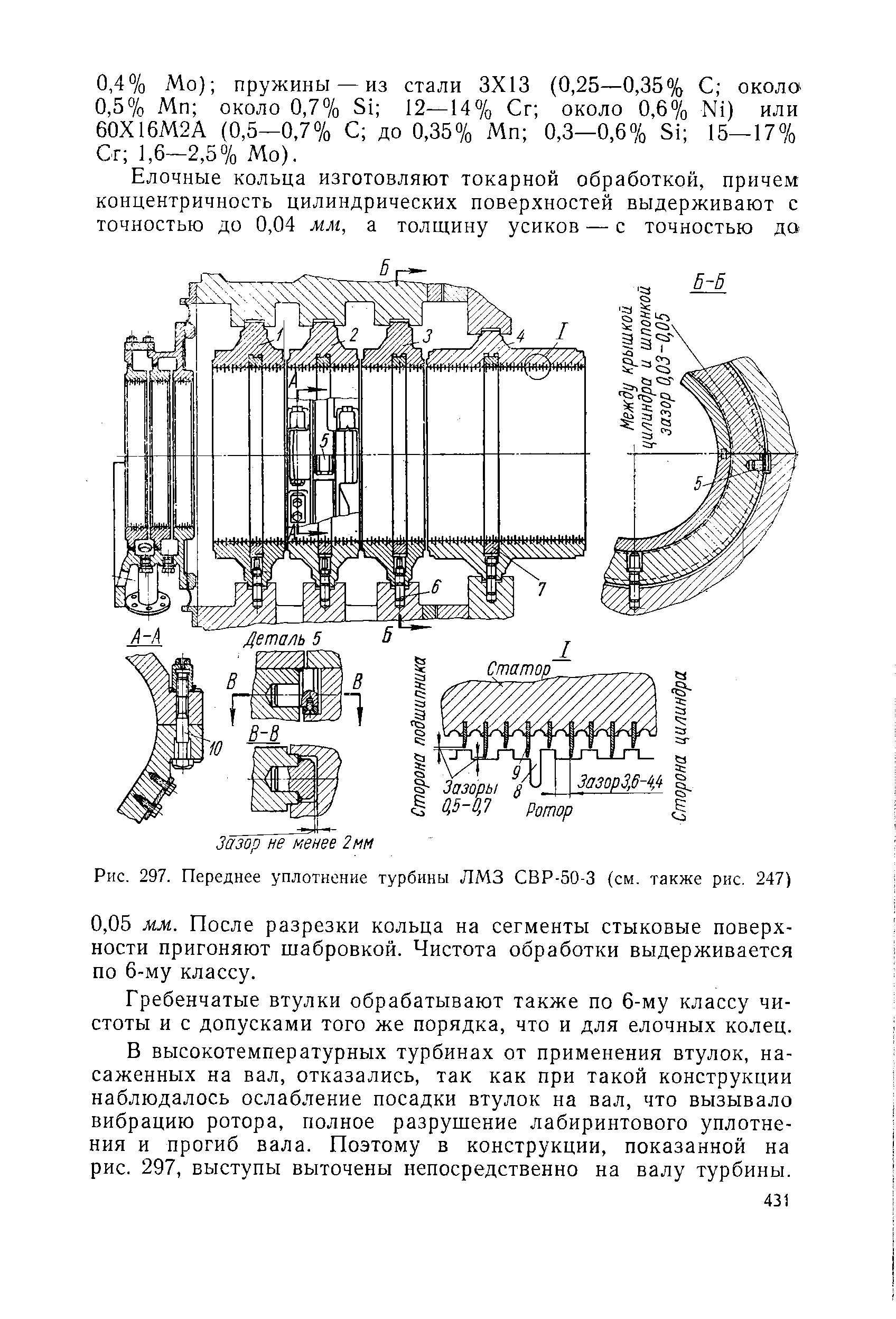 Рис. 297. Переднее уплотнение турбины ЛМЗ СВР-50-3 (см. также рис. 247)
