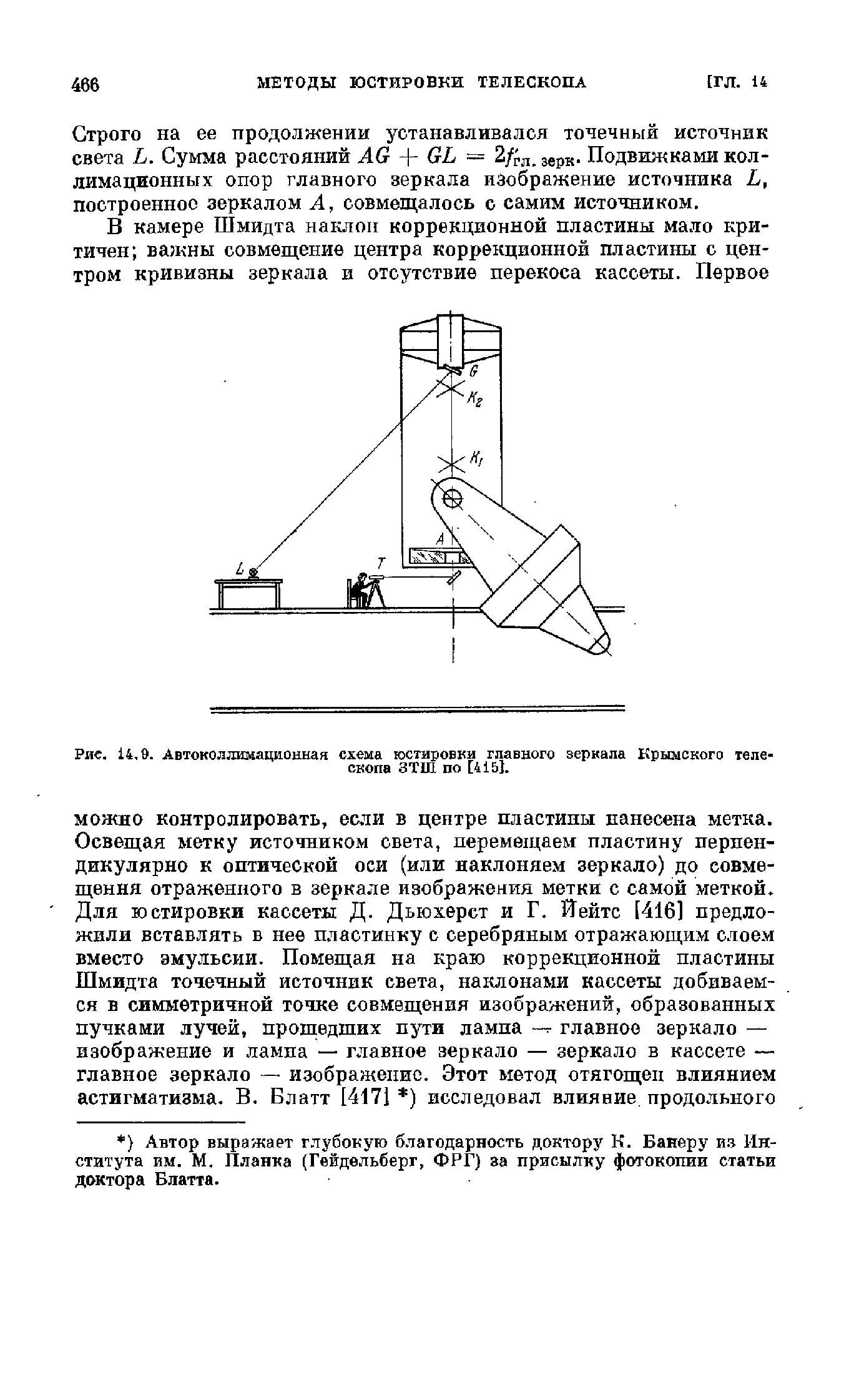 Строго на ее продолжении устанавливался точечный источник света Ь. Сумма расстояний АО + ОЬ = 2/ . з рк. Подвижками коллимационных опор главного зеркала изображение источника Ь, построенное зеркалом А, совмещалось о самим источником.
