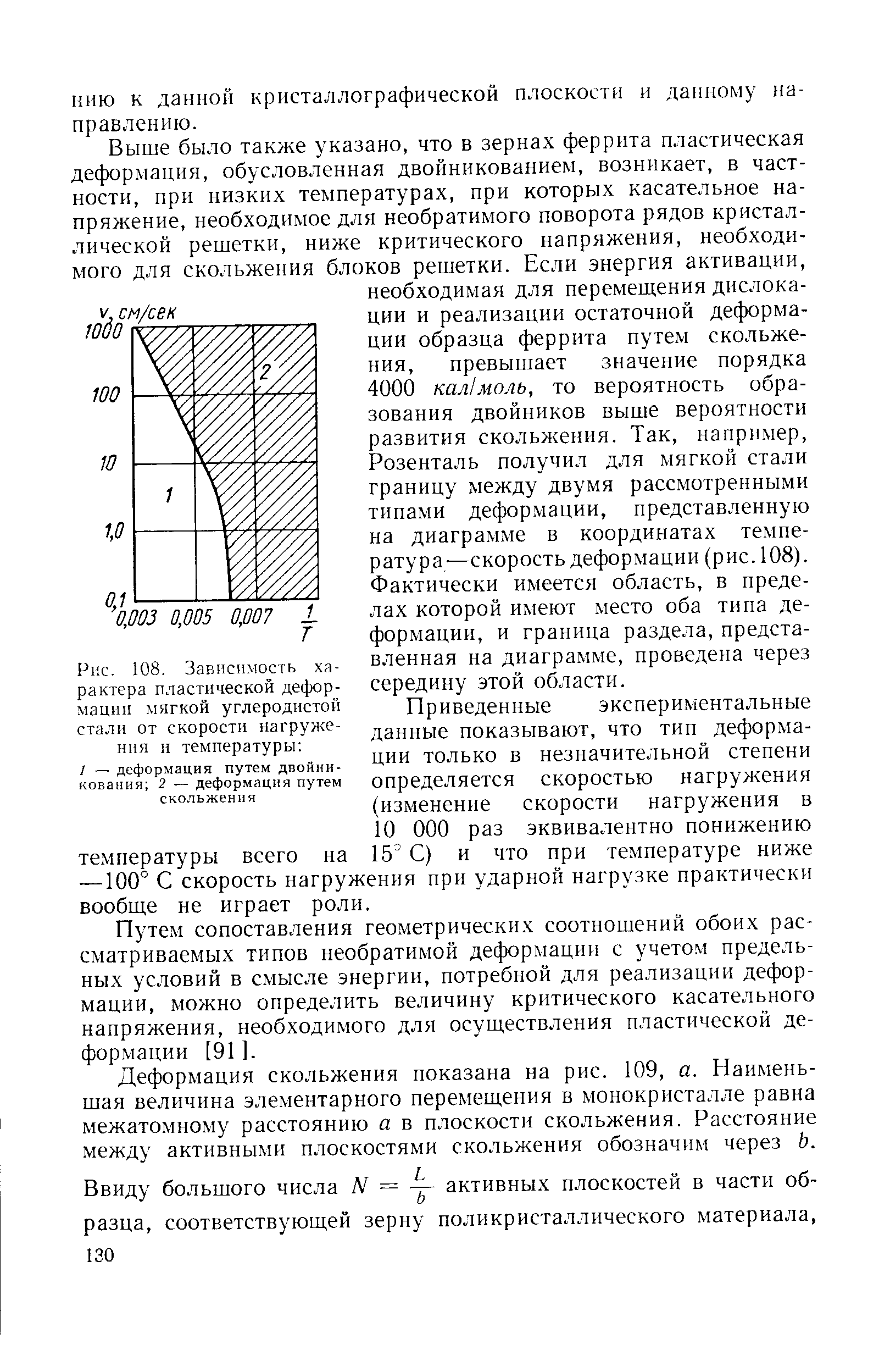 Приведенные экспериментальные данные показывают, что тип деформации только в незначительной степени определяется скоростью нагружения (изменение скорости нагружения в 10 ООО раз эквивалентно понижению температуры всего на 15 С) и что при температуре ниже —100° С скорость нагружения прн ударной нагрузке практически вообще не играет роли.
