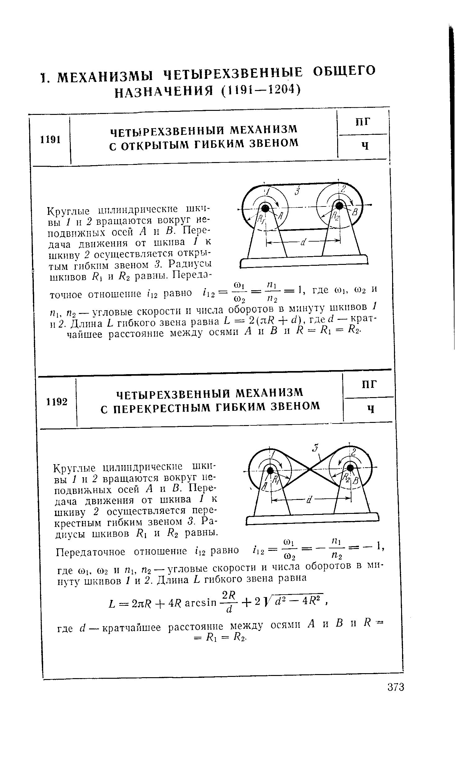 Круглые цилиндрические шкивы 1 п 2 вращаются вокруг неподвижных осей А и В. Передача движения от шкива I к шкиву 2 осуществляется перекрестным гибким звеном 3. Радиусы шкивов Я и Яг равны.
