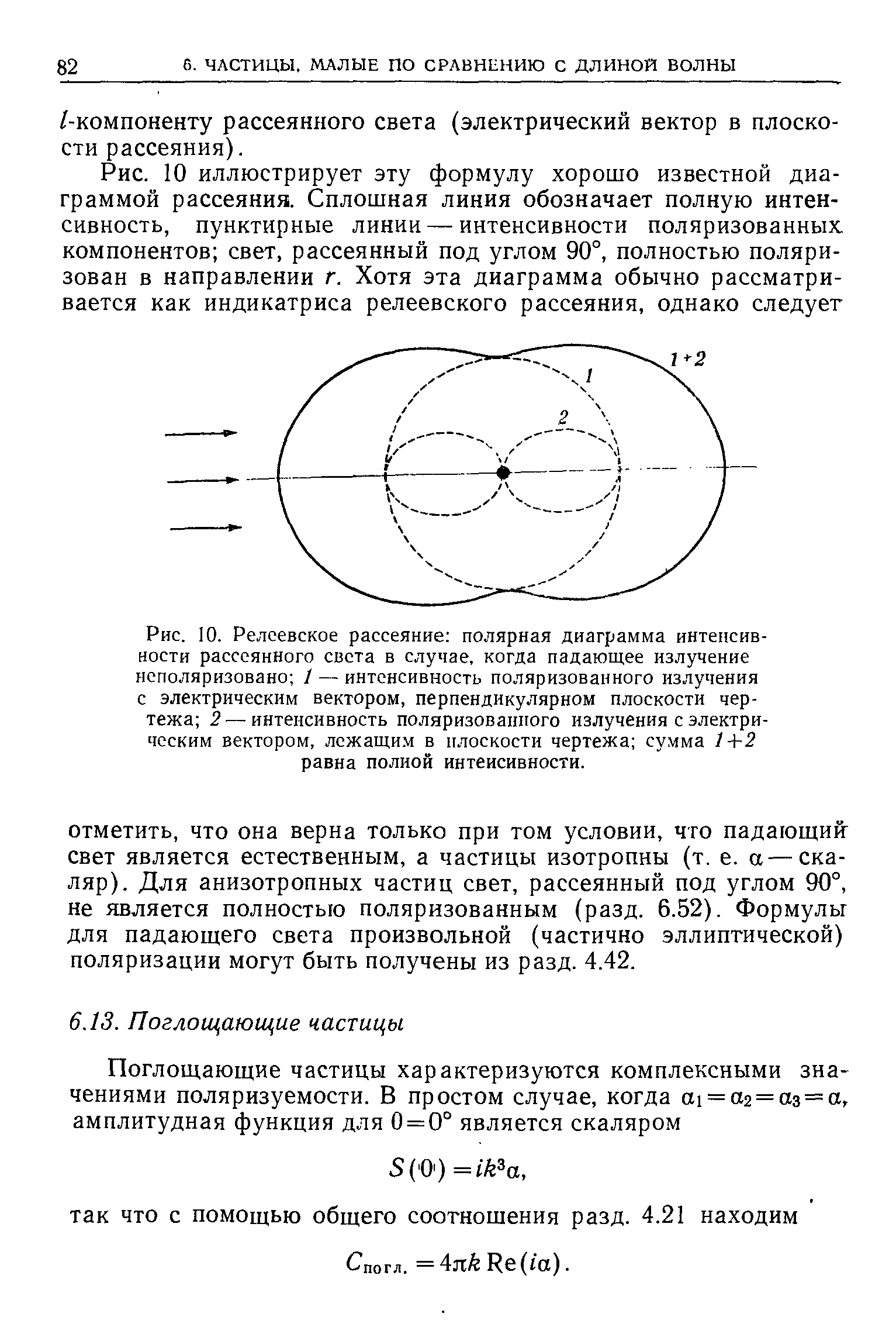 Рис. 10. <a href="/info/324420">Релеевское рассеяние</a> <a href="/info/134034">полярная диаграмма</a> <a href="/info/237614">интенсивности рассеянного света</a> в случае, когда падающее излучение нсполяризовано / — интенсивность поляризованного излучения с <a href="/info/175537">электрическим вектором</a>, <a href="/info/28403">перпендикулярном плоскости</a> чертежа 2 — интенсивность поляризованного излучения с <a href="/info/175537">электрическим вектором</a>, лсжащи.ч в плоскости чертежа сумма 1+2 равна полной интенсивности.

