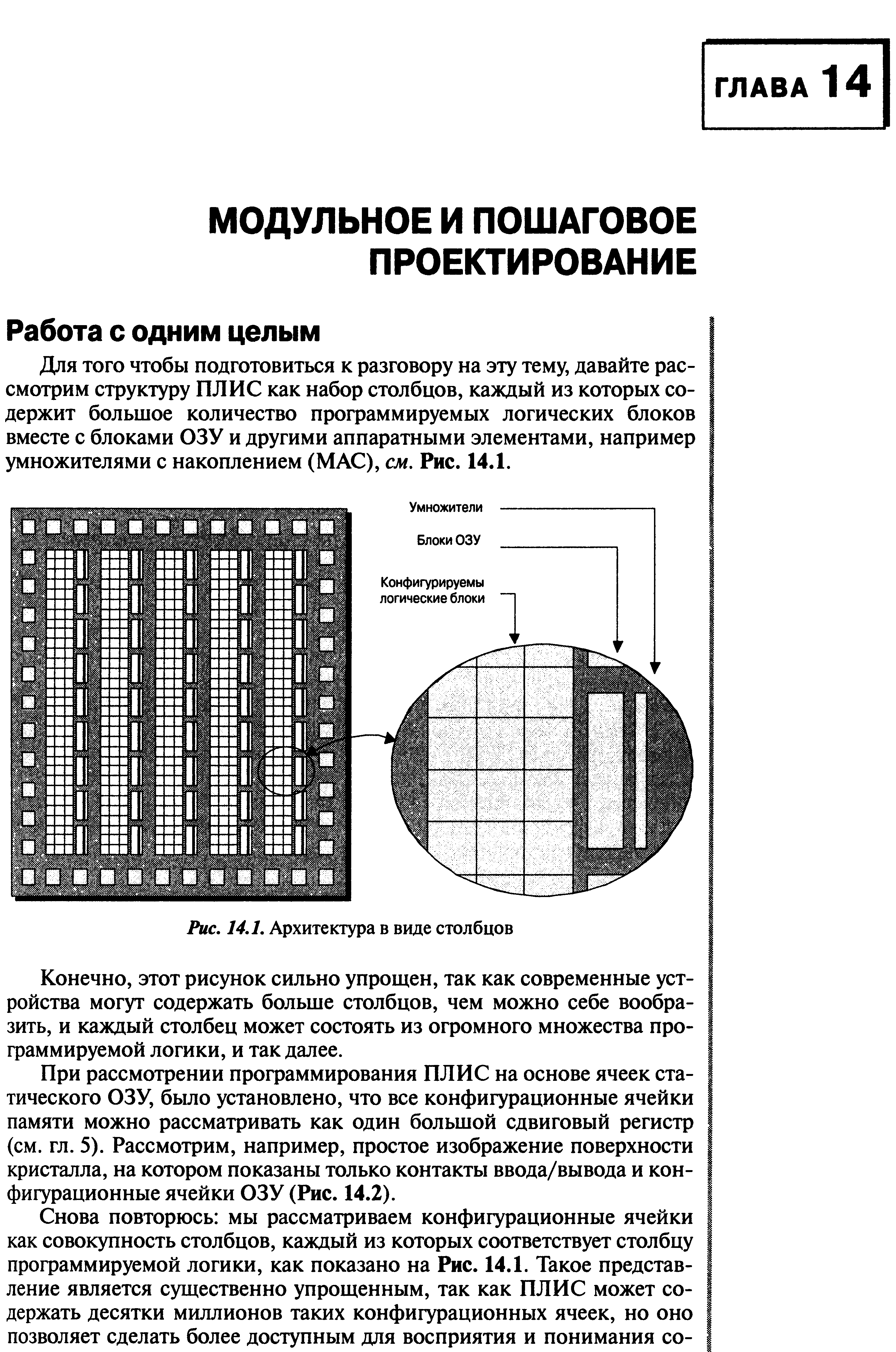 Для ТОГО чтобы подготовиться К разговору на эту тему, давайте рассмотрим структуру ПЛИС как набор столбцов, каждый из которых содержит большое количество программируемых логических блоков вместе с блоками ОЗУ и другими аппаратными элементами, например умножителями с накоплением (МАС), см. Рис. 14.1.
