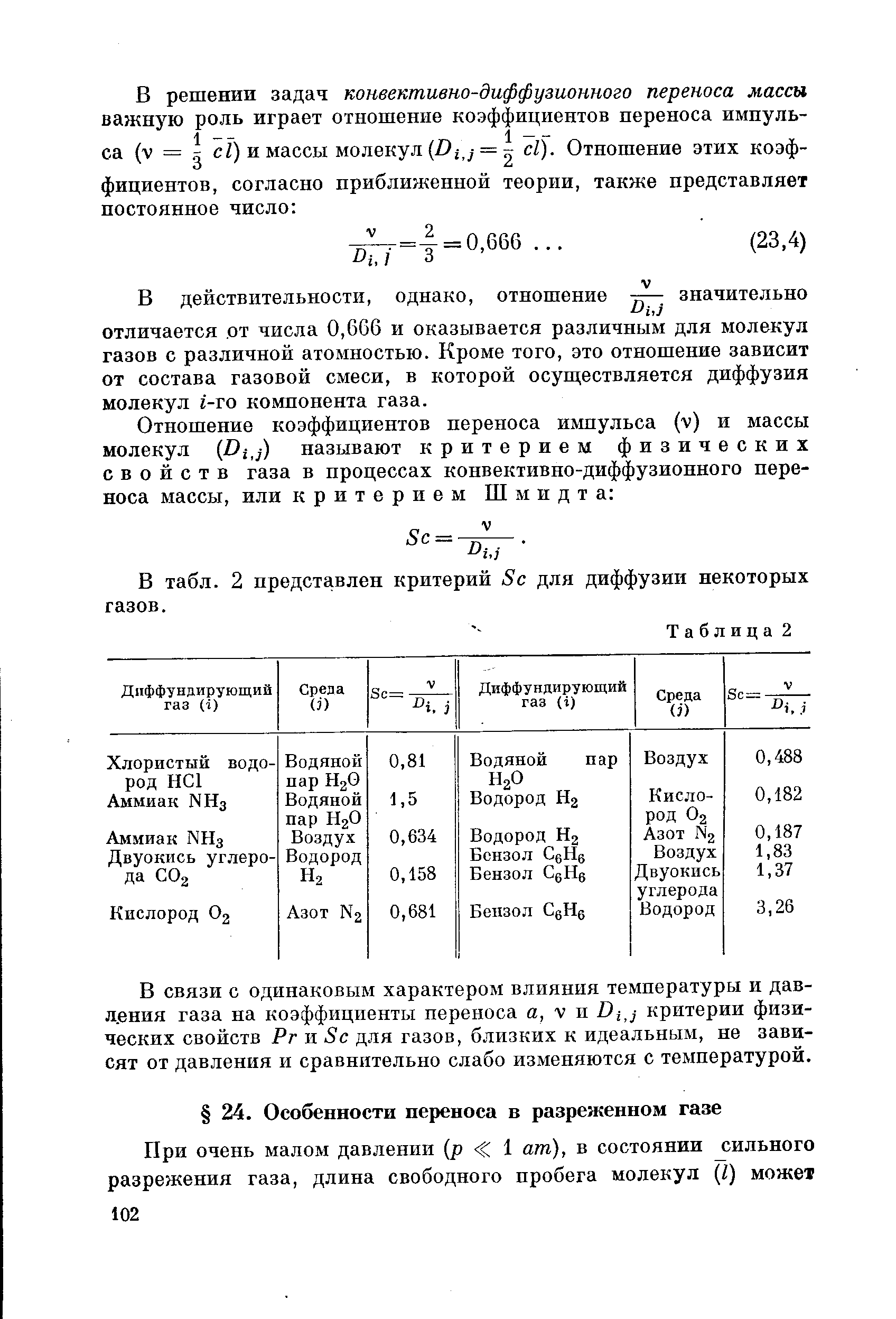 В табл. 2 представлен критерий 8с для диффузии некоторых газов.
