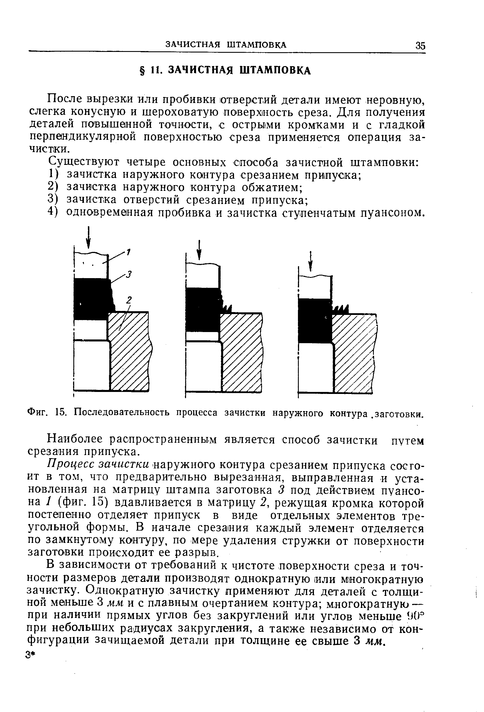 После вырезки или пробивки отверстий детали имеют неровную, слегка конусную и шероховатую поверхность среза. Для получения деталей повышенной точности, с острыми кромками и с гладкой перпв1ндикулярной поверхностью среза применяется операция зачистки.
