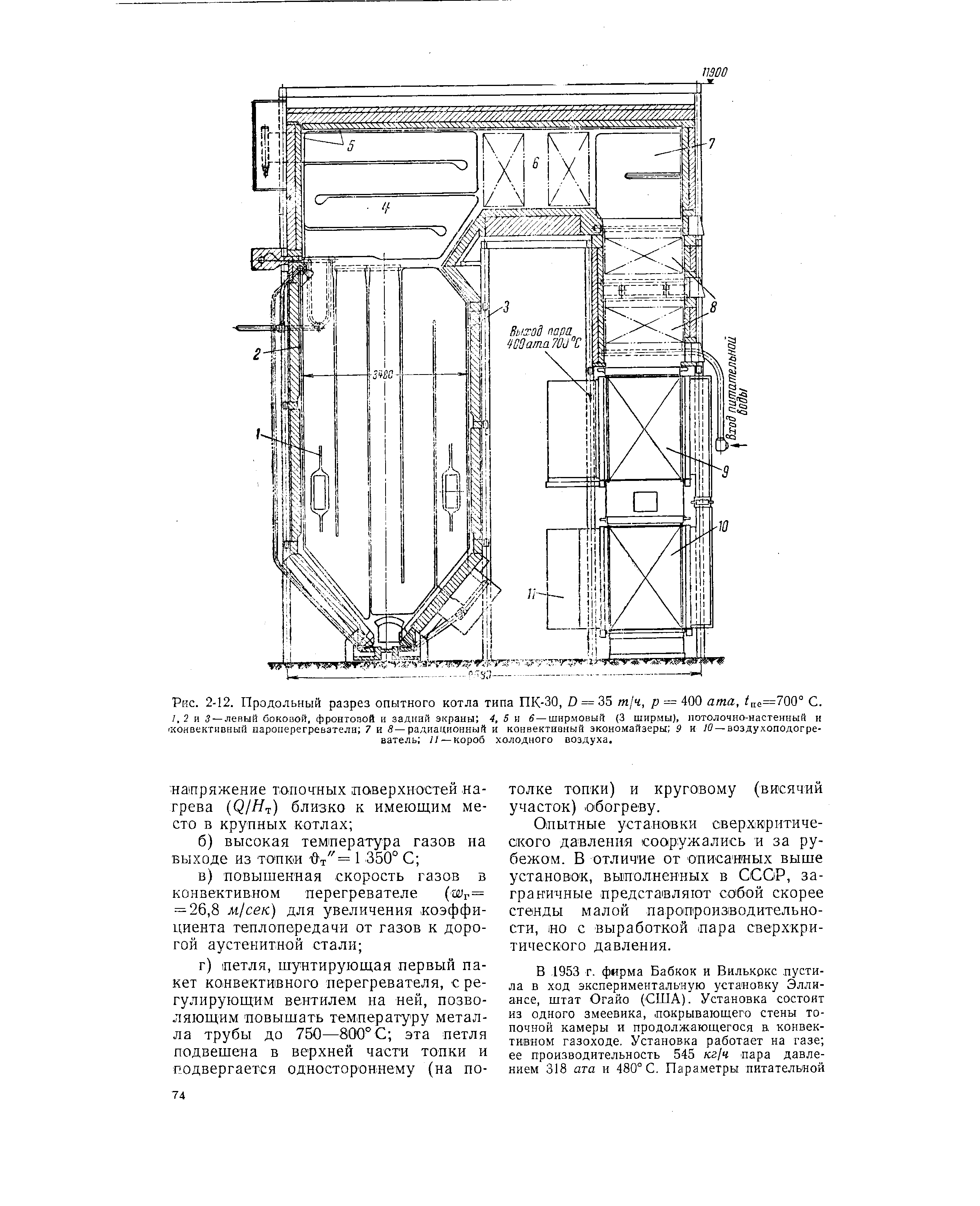 Рис. 2-12. <a href="/info/1158">Продольный разрез</a> опытного <a href="/info/758299">котла типа</a> ПК-30, D = 35 т ч, р — 400 ата, е=700° С. /. 2 и 5 —левый боковой, фронтовой и задний экраны 4, 5 и й —ширмовый (3 ширмы), нотолочно-настенный и хонвектнвный пароперегреватели 7 и 8—радиационный и конвективный экономайзеры 9 н 10 — воздухоподогреватель и — короб холодного воздуха.
