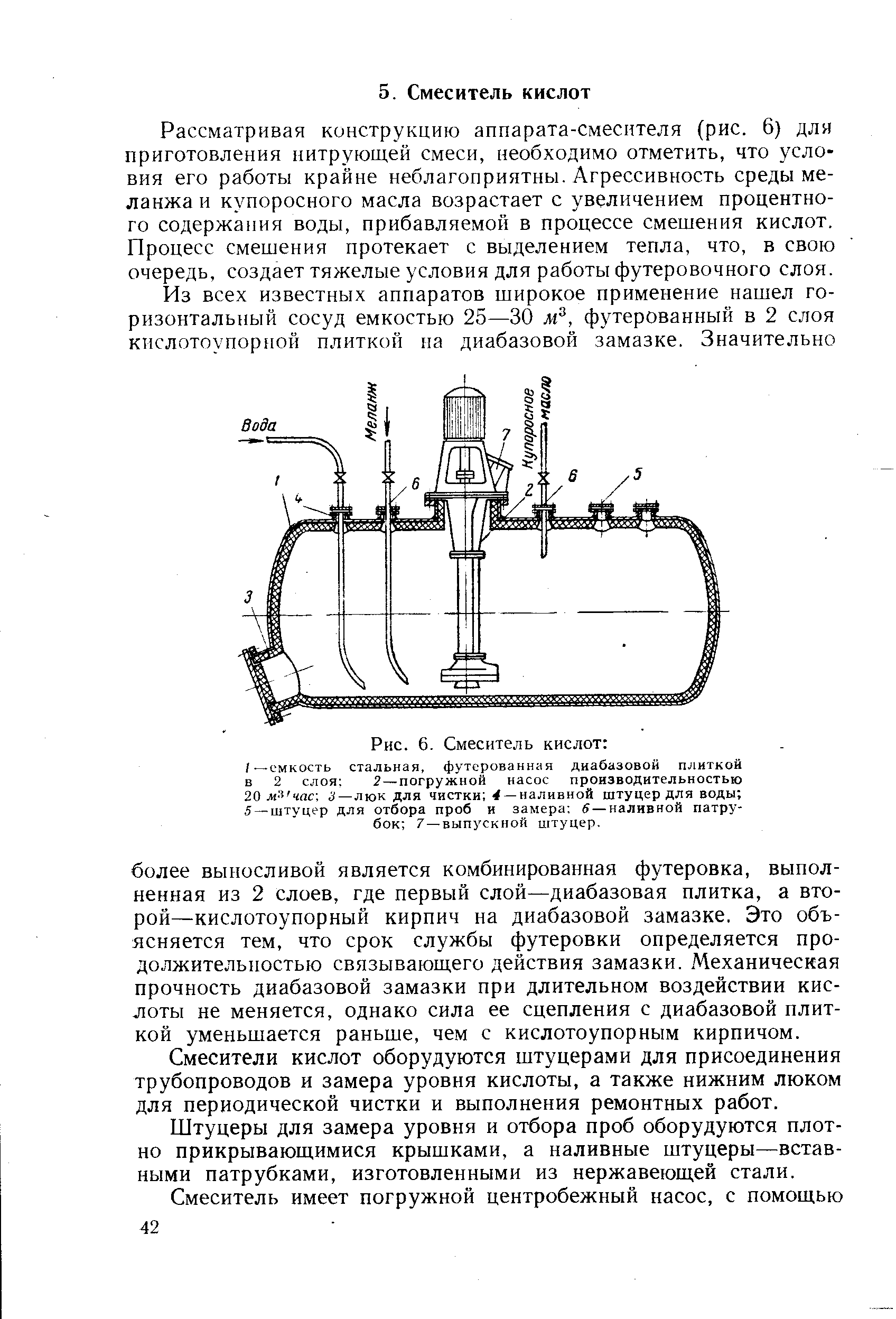Рассматривая конструкцию аппарата-смесителя (рис. 6) для приготовления нитрующей смеси, необходимо отметить, что уело ВИЯ его работы крайне неблагоприятны. Агрессивность среды меланжа и купоросного масла возрастает с увеличением процентного содержания воды, прибавляемой в процессе смешения кислот. Процесс смешения протекает с выделением тепла, что, в свою очередь, создает тяжелые условия для работы футеровочного слоя.
