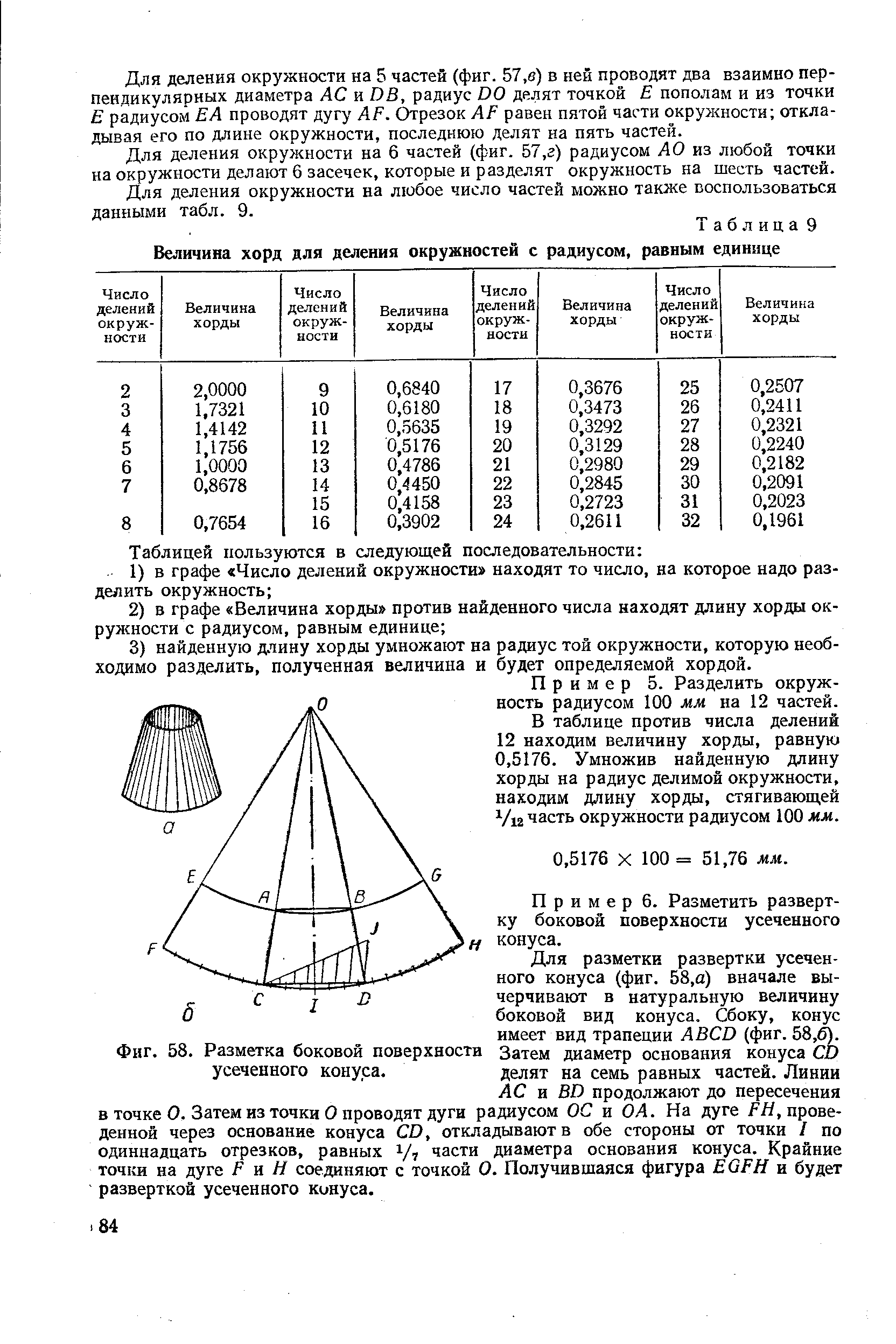 Через точку делящую конус. Таблица коэффициентов деления окружности на равные части. Усеченный конус таблица. Построение усеченного конуса по хорде. Длина окружности усеченного конуса.