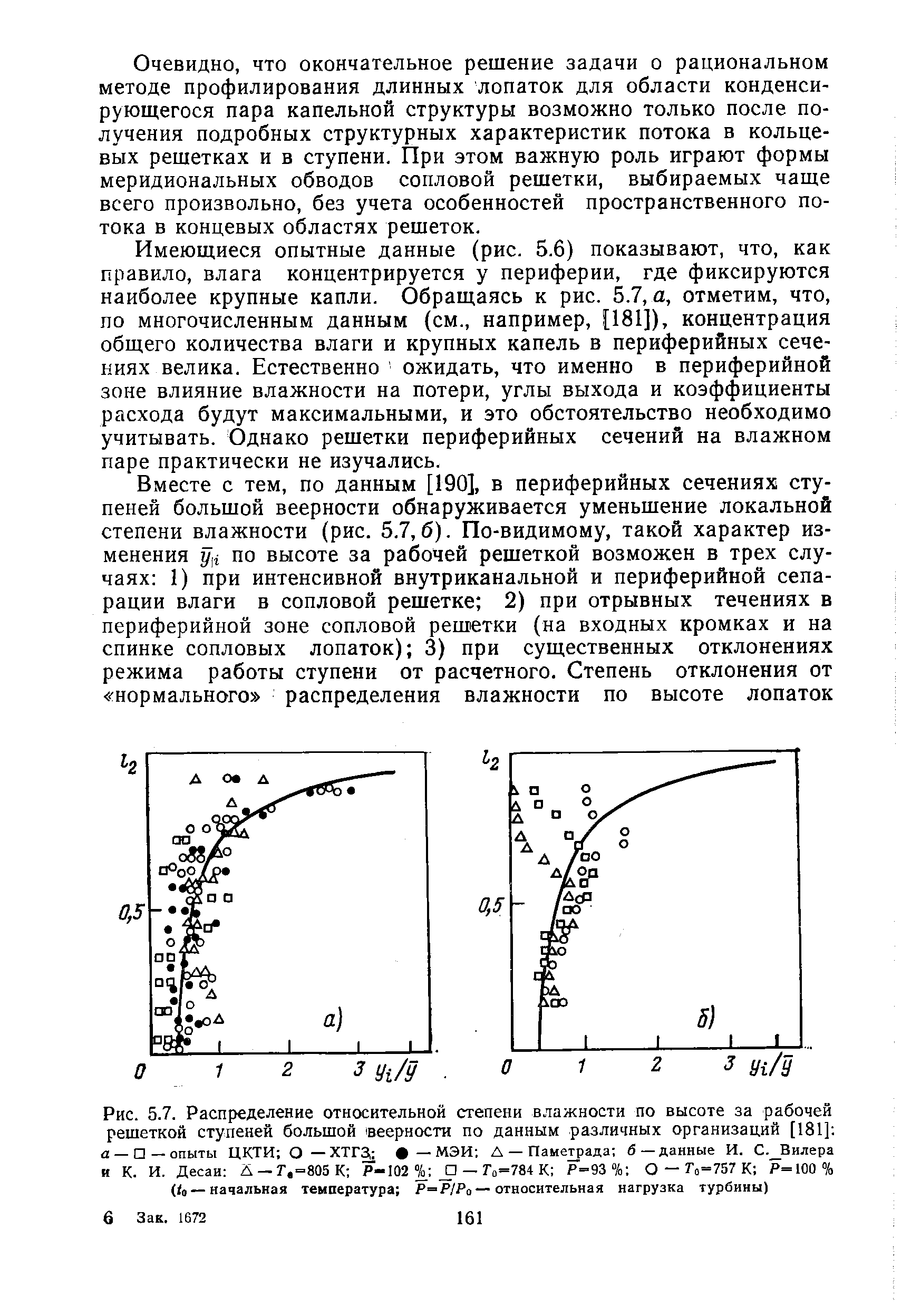 Рис. 5.7. Распределение относительной <a href="/info/87002">степени влажности</a> по высоте за <a href="/info/30715">рабочей решеткой</a> ступеней большой веерности по данным различных организаций [181] а — —опыты ЦКТИ О — ХТГ — МЭИ Д — Паметрада б—данные И. С. Вилера и К. И. Десаи Д —Г,=805 К P-I02 — Го=784 К Р=93% О — Т =7ЪТ Р=100%
