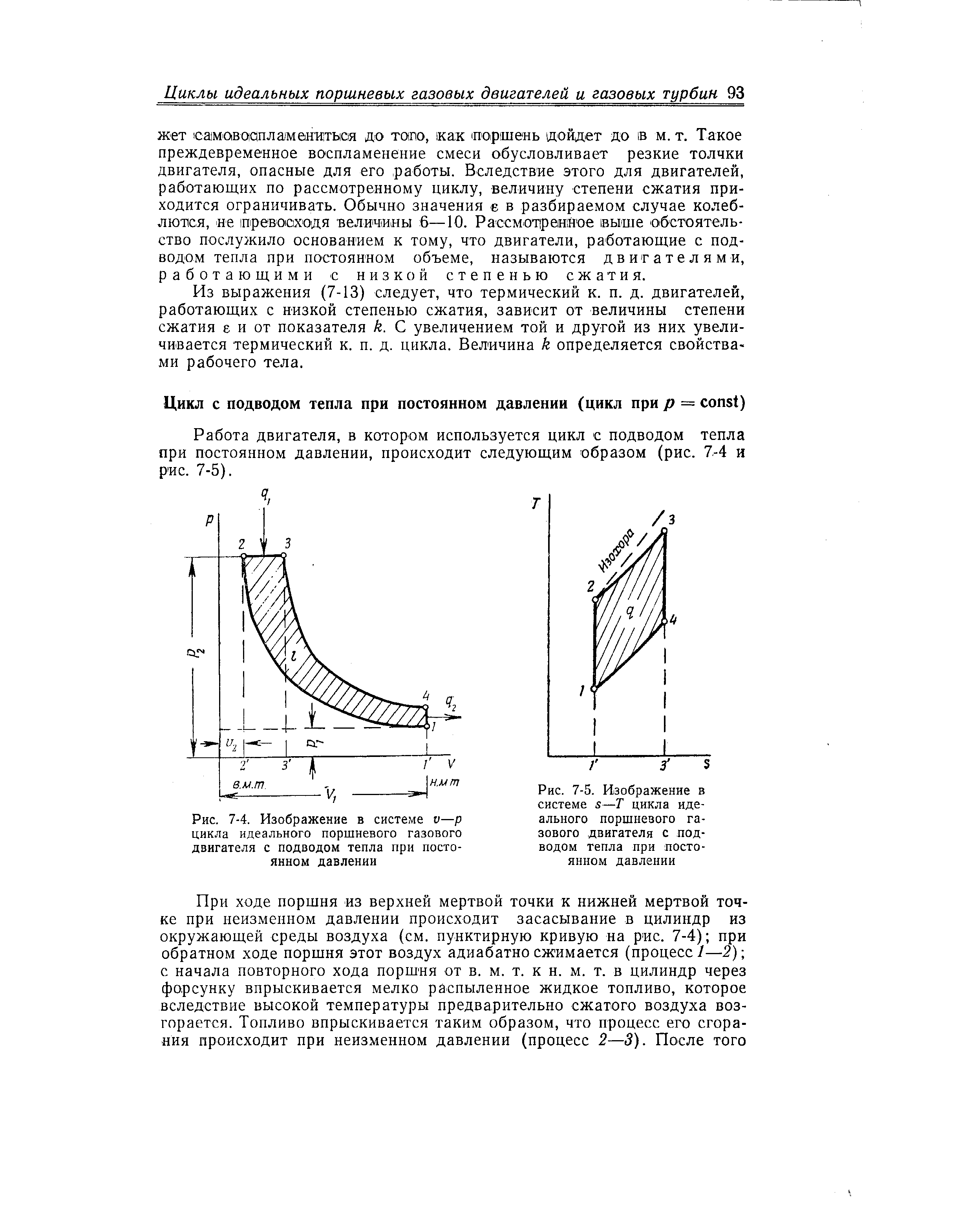 Работа двигателя, в котором используется цикл с подводом тепла при постоянном давлении, происходит следующим образом (рис. 7.-4 и Р ис. 7-5).
