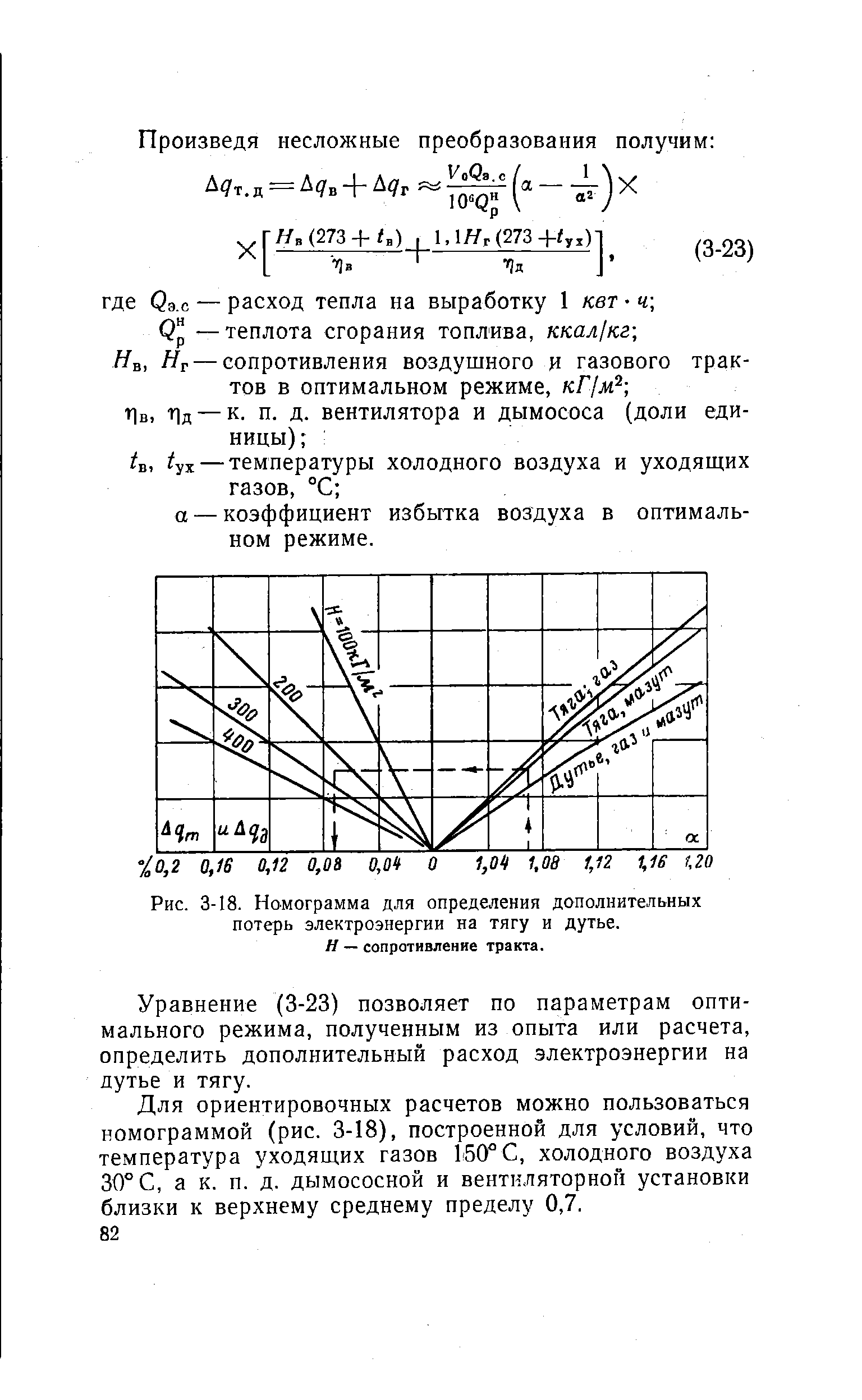 Рис. 3-18. Номограмма для определения <a href="/info/121986">дополнительных потерь</a> электроэнергии на тягу и дутье.
