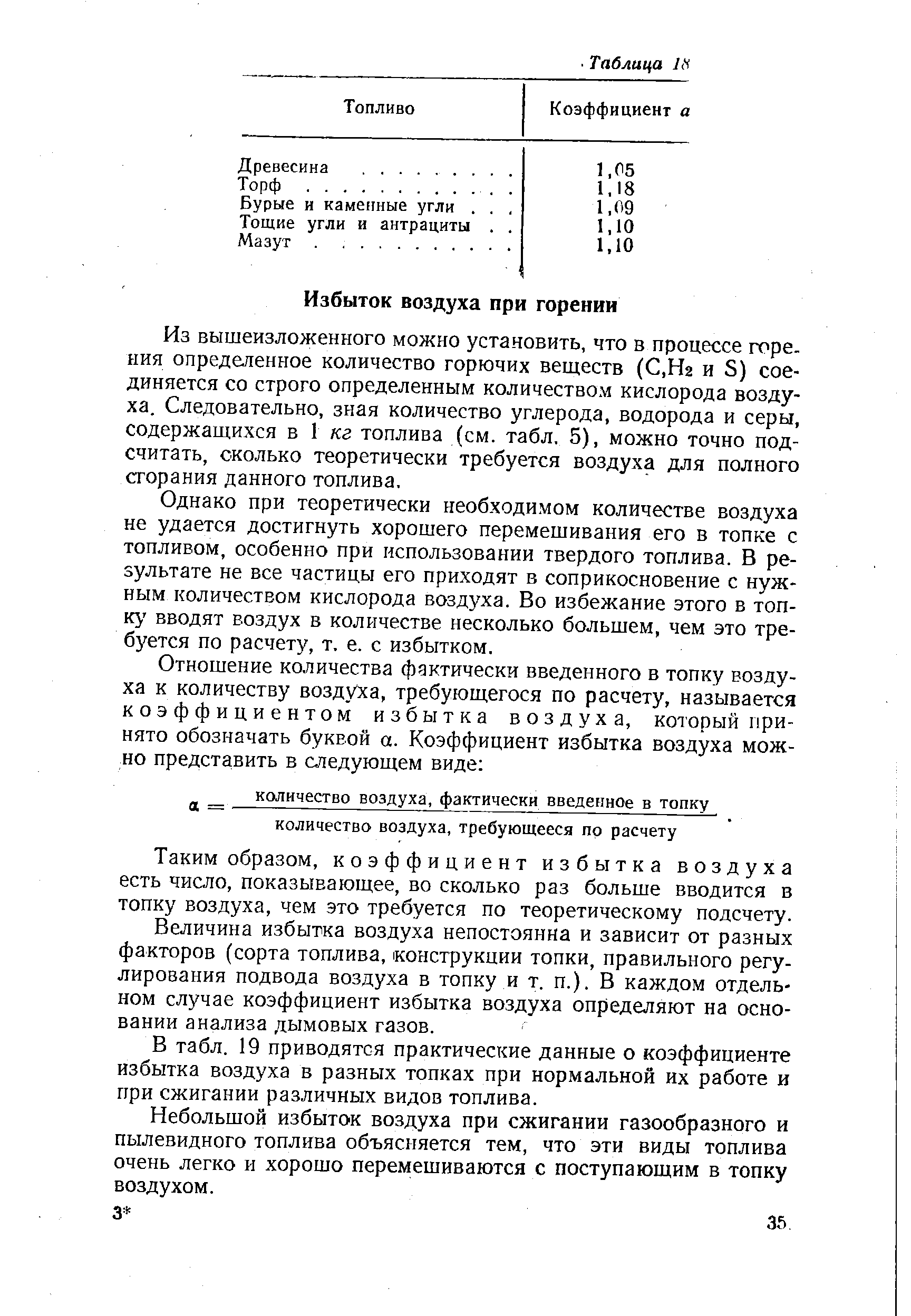 Из вышеизложенного можно установить, что в процессе горения определенное количество горючих веществ (С,Нг и 5) соединяется со строго определенным количеством кислорода воздуха. Следовательно, зная количество углерода, водорода и серы, содержащихся в 1 кг топлива (см. табл. 5), можно точно подсчитать, сколько теоретически требуется воздуха для полного сгорания данного топлива.
