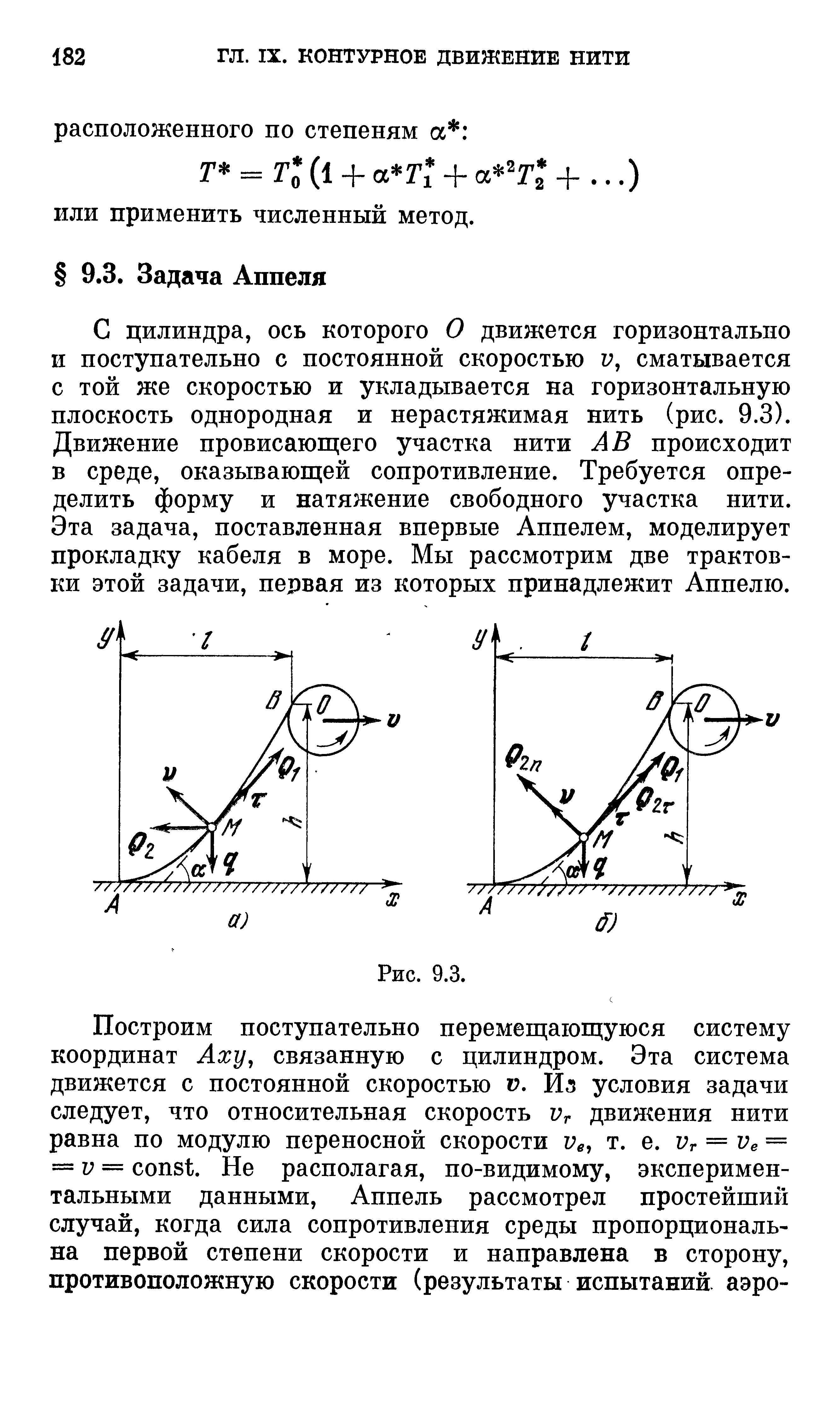 С цилиндра, ось которого О движется горизонтально и поступательно с постоянной скоростью V, сматывается с той же скоростью и укладывается на горизонтальную плоскость однородная и нерастяжимая нить (рис. 9.3). Движение провисающего участка нити А В происходит в среде, оказывающей сопротивление. Требуется определить форму и натяжение свободного участка нити. Эта задача, поставленная впервые Аппелем, моделирует прокладку кабеля в море. Мы рассмотрим две трактовки этой задачи, первая из которых принадлежит Аппелю.
