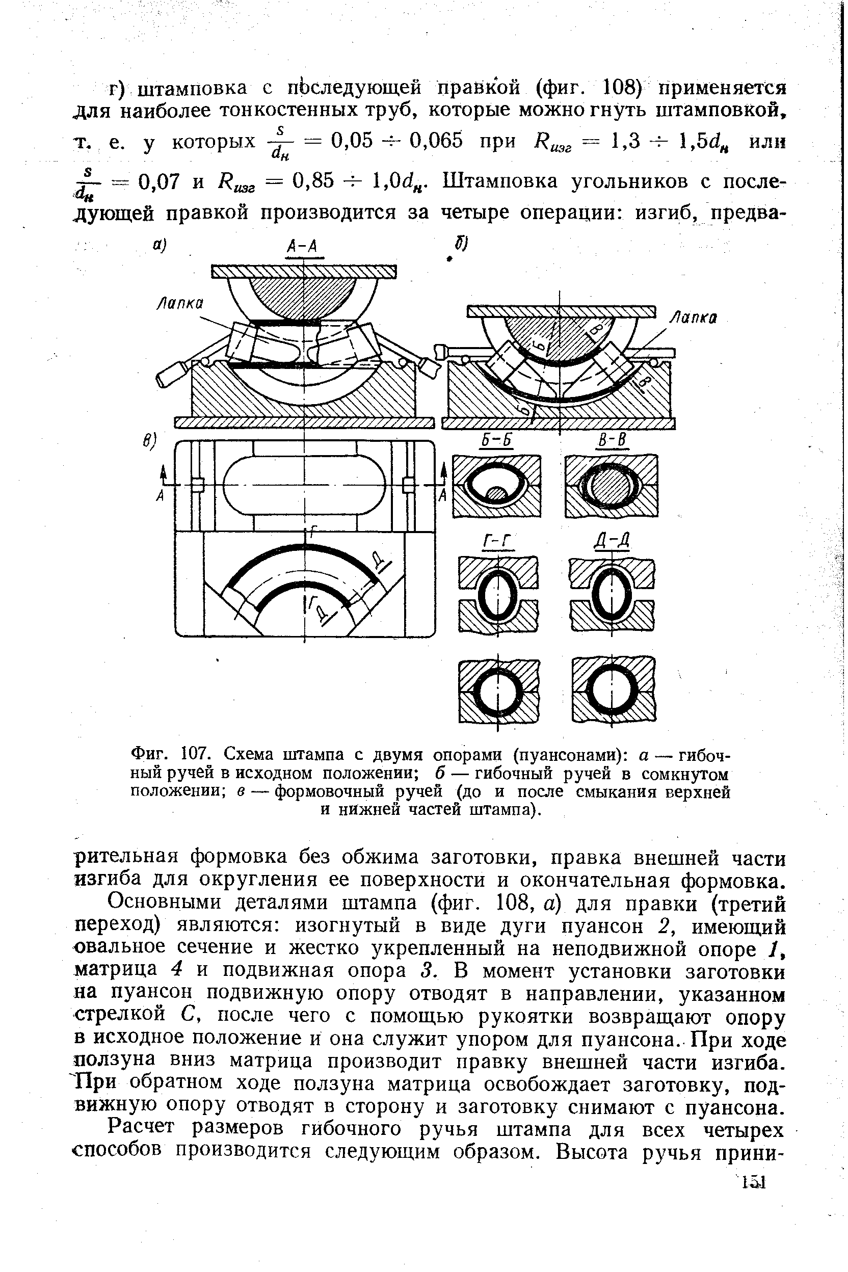 Фиг. 107. Схема штампа с двумя опорами (пуансонами) а — гибочный ручей в <a href="/info/468256">исходном положении</a> б — гибочный ручей в сомкнутом положении в — <a href="/info/325510">формовочный ручей</a> (до и после смыкания верхней и нижней частей штампа).
