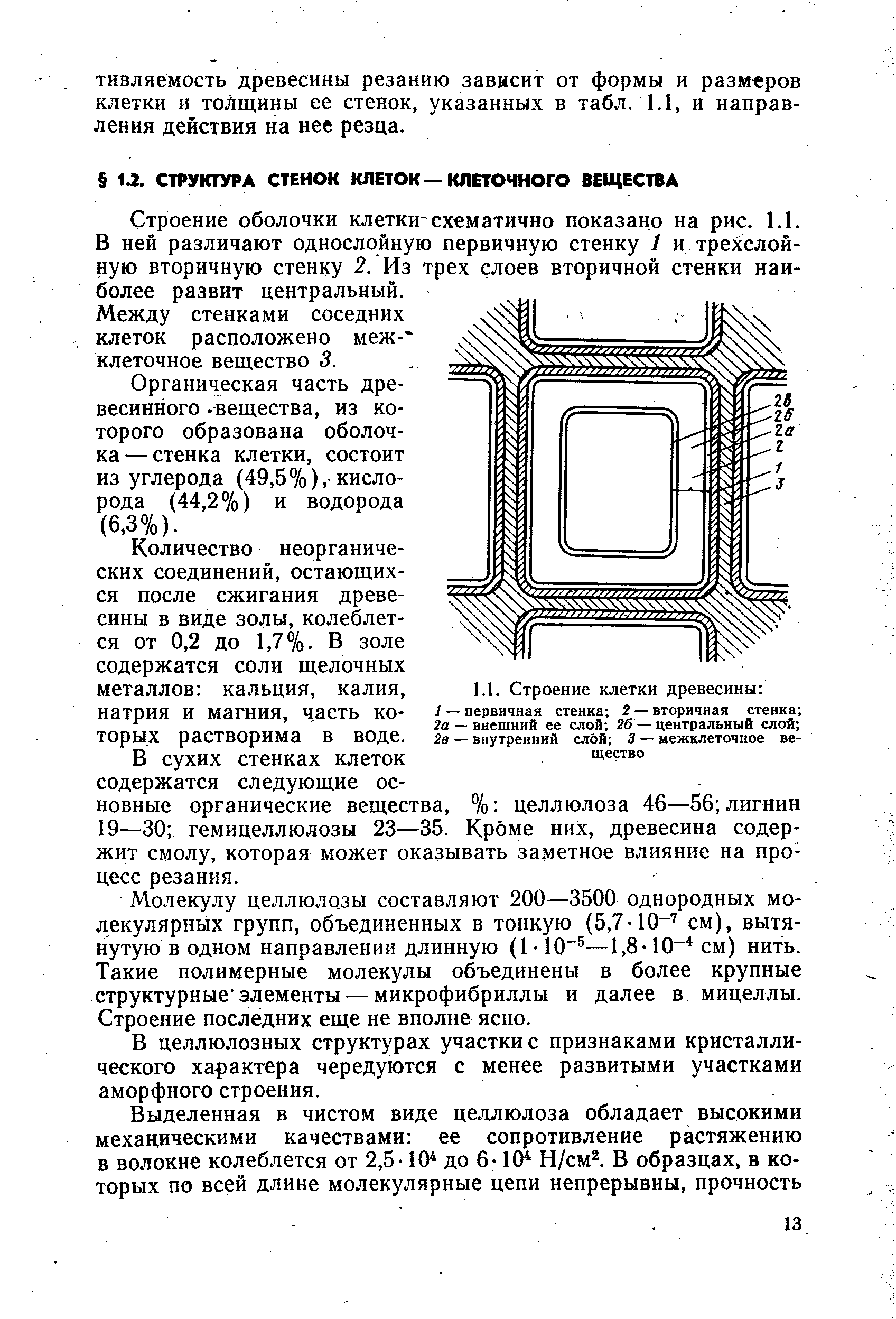 Строение оболочки клетки-схематично показано на рис. 1.1. В ней различают однослойную первичную стенку 1 и трехслойную вторичную стенку 2. Из трех слоев вторичной стенки наиболее развит центральный.
