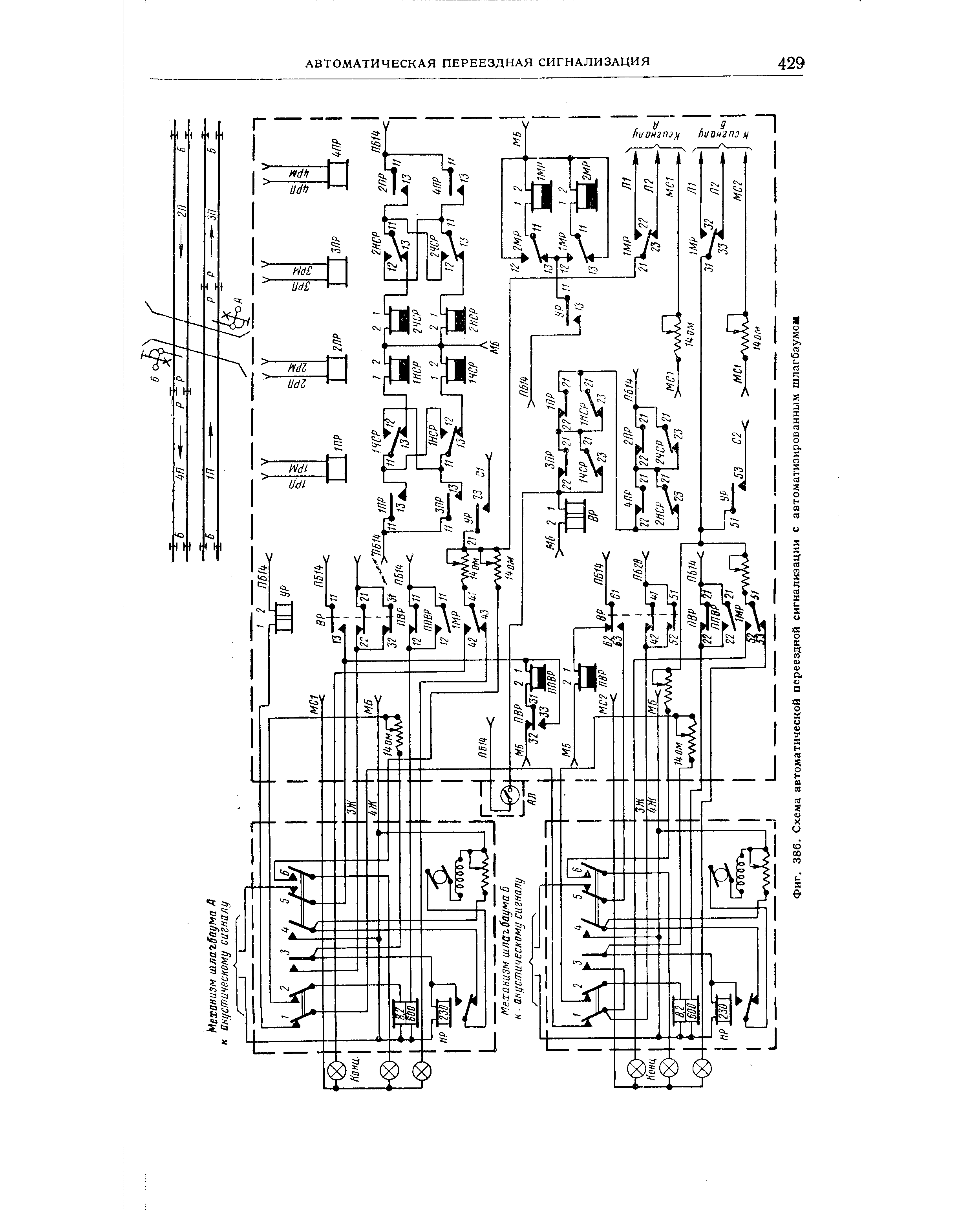 Фиг. 386. Схема автоматической переездной сигнализации с автоматизированным шлагбаумом
