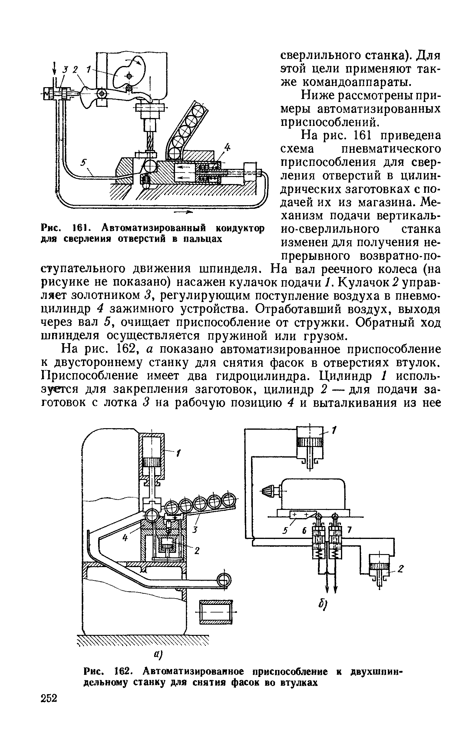 Рис. 162. <a href="/info/199944">Автоматизированное приспособление</a> к двухшпин-дельному станку для снятия фасок во втулках
