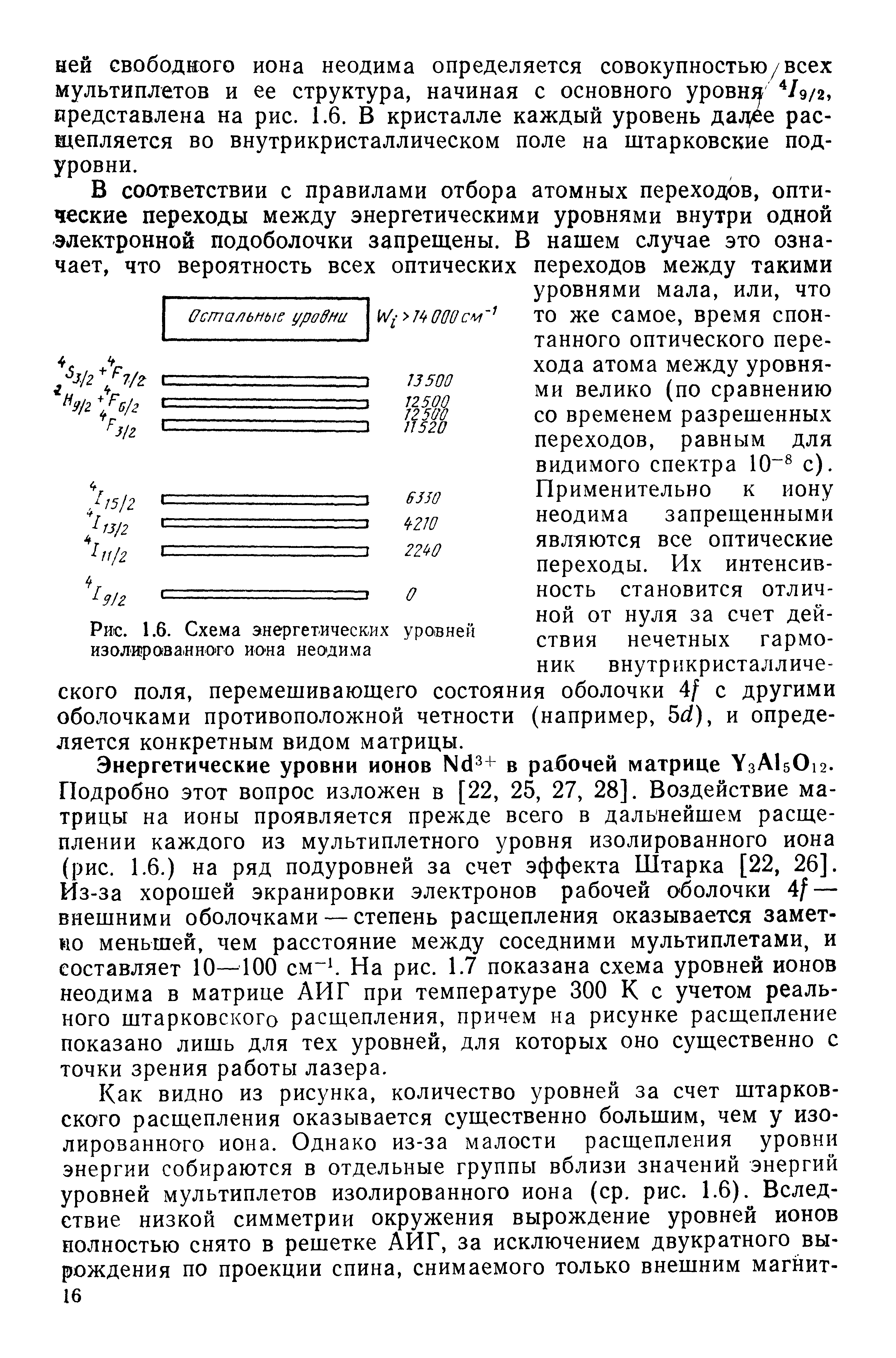 Энергетические уровни ионов в рабочей матрице Y3AI5O12. Подробно этот вопрос изложен в [22, 25, 27, 28]. Воздействие матрицы на ионы проявляется прежде всего в дальнейшем расщеплении каждого из мультиплетного уровня изолированного иона (рис. 1.6.) на ряд подуровней за счет эффекта Штарка [22, 26]. Из-за хорошей экранировки электронов рабочей оболочки 4/ — внешними оболочками — степень расщепления оказывается заметно меньшей, чем расстояние между соседними мультиплетами, и составляет 10—100 см На рис. 1.7 показана схема уровней ионов неодима в матрице АИГ при температуре 300 К с учетом реального штарковского расщепления, причем на рисунке расщепление показано лишь для тех уровней, для которых оно существенно с точки зрения работы лазера.
