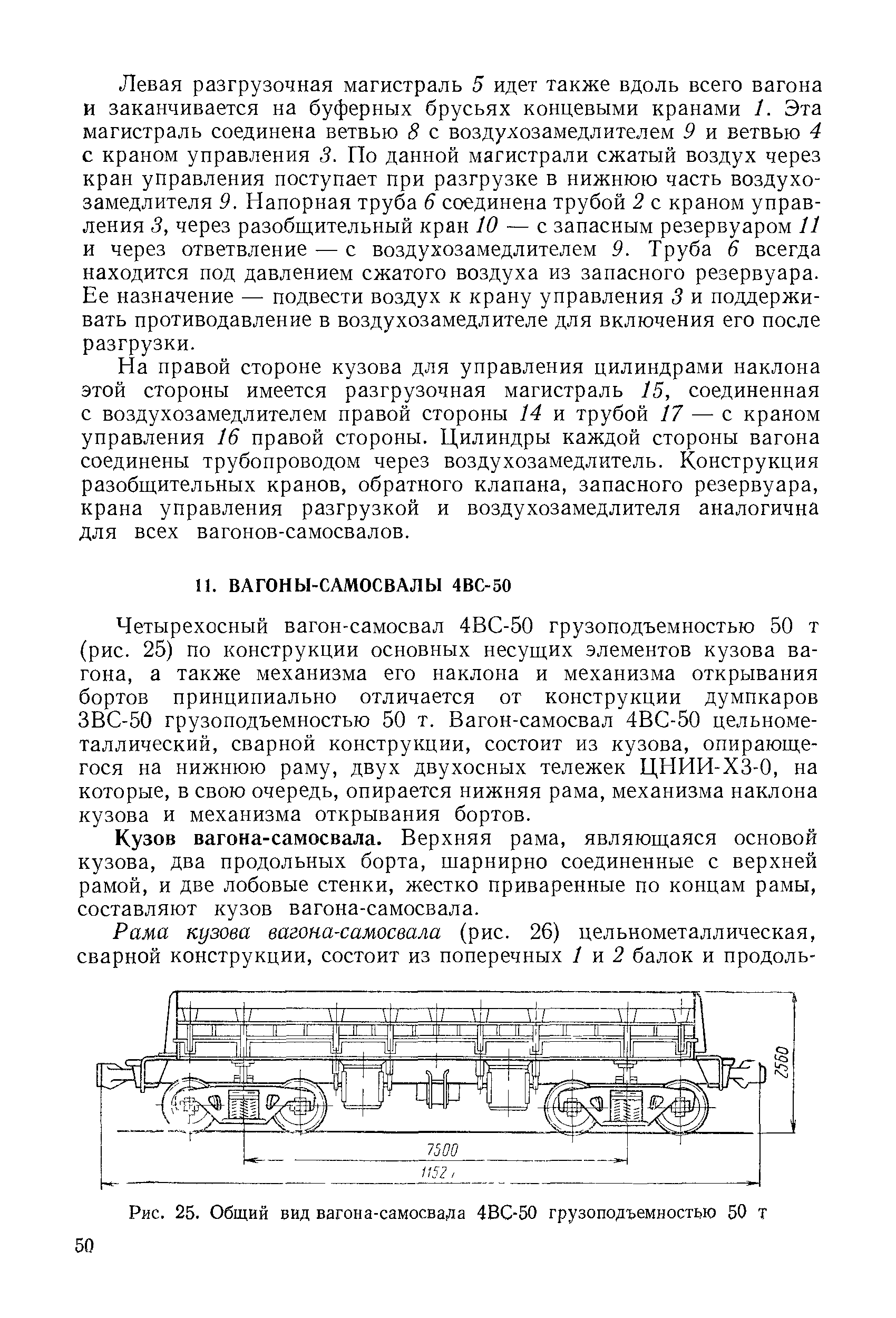 Четырехосный вагон-самосвал 4ВС-50 грузоподъемностью 50 т (рис. 25) по конструкции основных несущих элементов кузова вагона, а также механизма его наклона и механизма открывания бортов принципиально отличается от конструкции думпкаров ЗВС-50 грузоподъемностью 50 т. Вагон-самосвал 4ВС-50 цельнометаллический, сварной конструкции, состоит из кузова, опирающегося на нижнюю раму, двух двухосных тележек ЦНИИ-ХЗ-0, на которые, в свою очередь, опирается нижняя рама, механизма наклона кузова и механизма открывания бортов.
