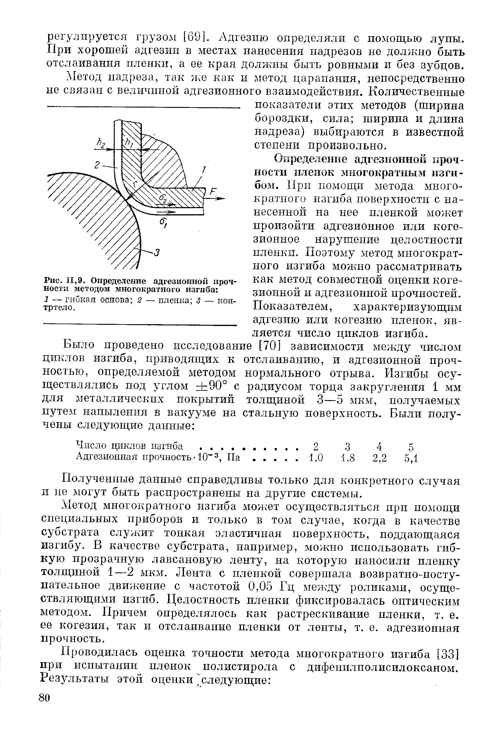 Определение адгезионно1 1 прочности пленок многократным изгибом. При помопщ метода многократного изгиба поверхности с нанесенной на нее пленкой может произойти адгезионное или когезионное нарушение целостности пленки. Поэтому метод многократного изгиба можно рассматривать как метод совместной оценки когезионной и адгезионной прочностей. Показателем, характеризующим адгезию или когезию пленок, является число циклов изгиба.
