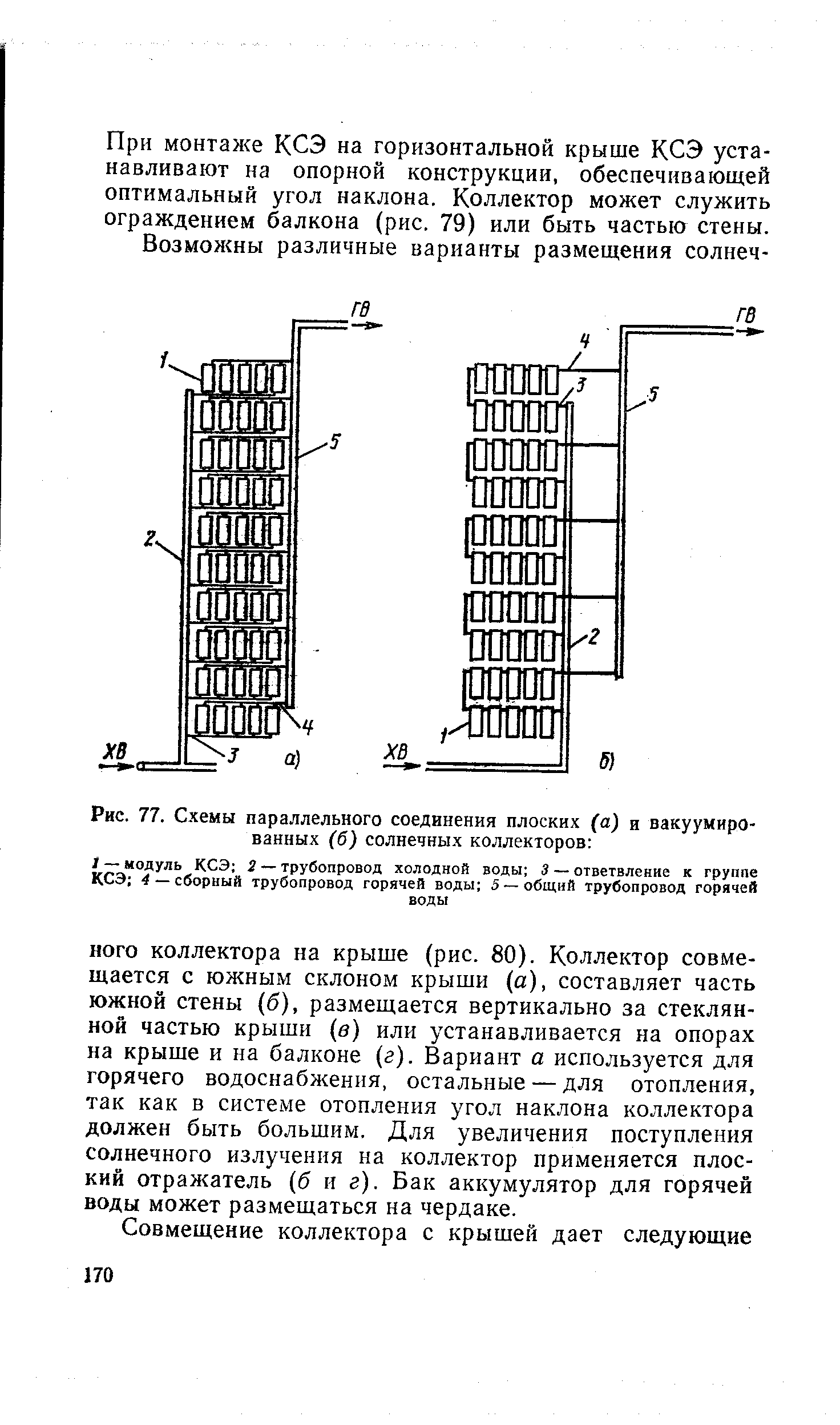 Рис. 77. Схемы параллельного соединения плоских (а) и вакуумированных (б) солнечных коллекторов 
