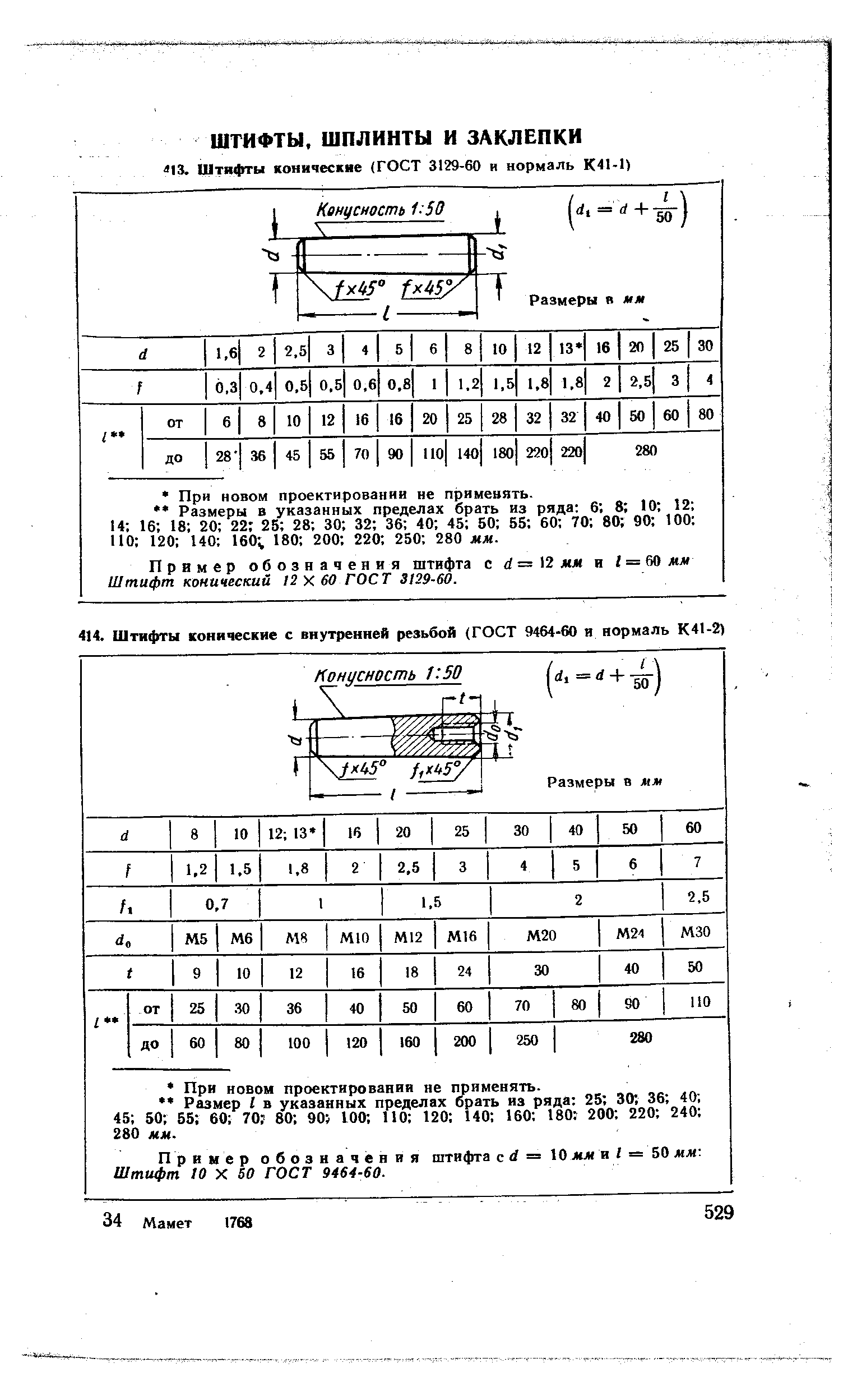 Пример обозначения штифта с d = 0 mmw I = 50 мм-. Штифт 10 X 50 ГОСТ 9464-60.
